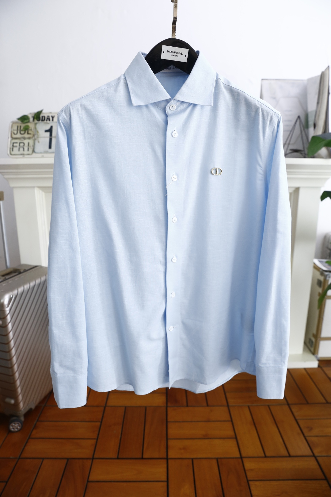 Thom Browne Men's Light Blue Long Sleeve Shirt with Signature Logo