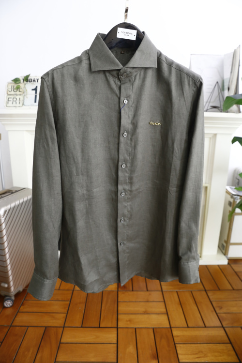 Prada Men's Long Sleeve Casual Button-Down Shirt, Luxury Logo, Cotton Linen Blend 1 Prada Men's Long Sleeve Casual Button-Down Shirt, Luxury Logo, Cotton Linen Blend