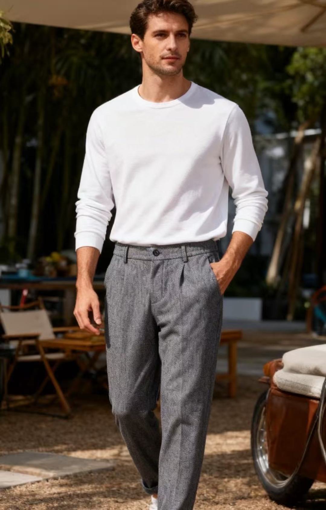 🔥汤姆布朗.2025秋季新款男士灰色人字纹休闲西裤！采用人字纹面料，带有裤褶设计，腰部结合了松紧带与纽扣