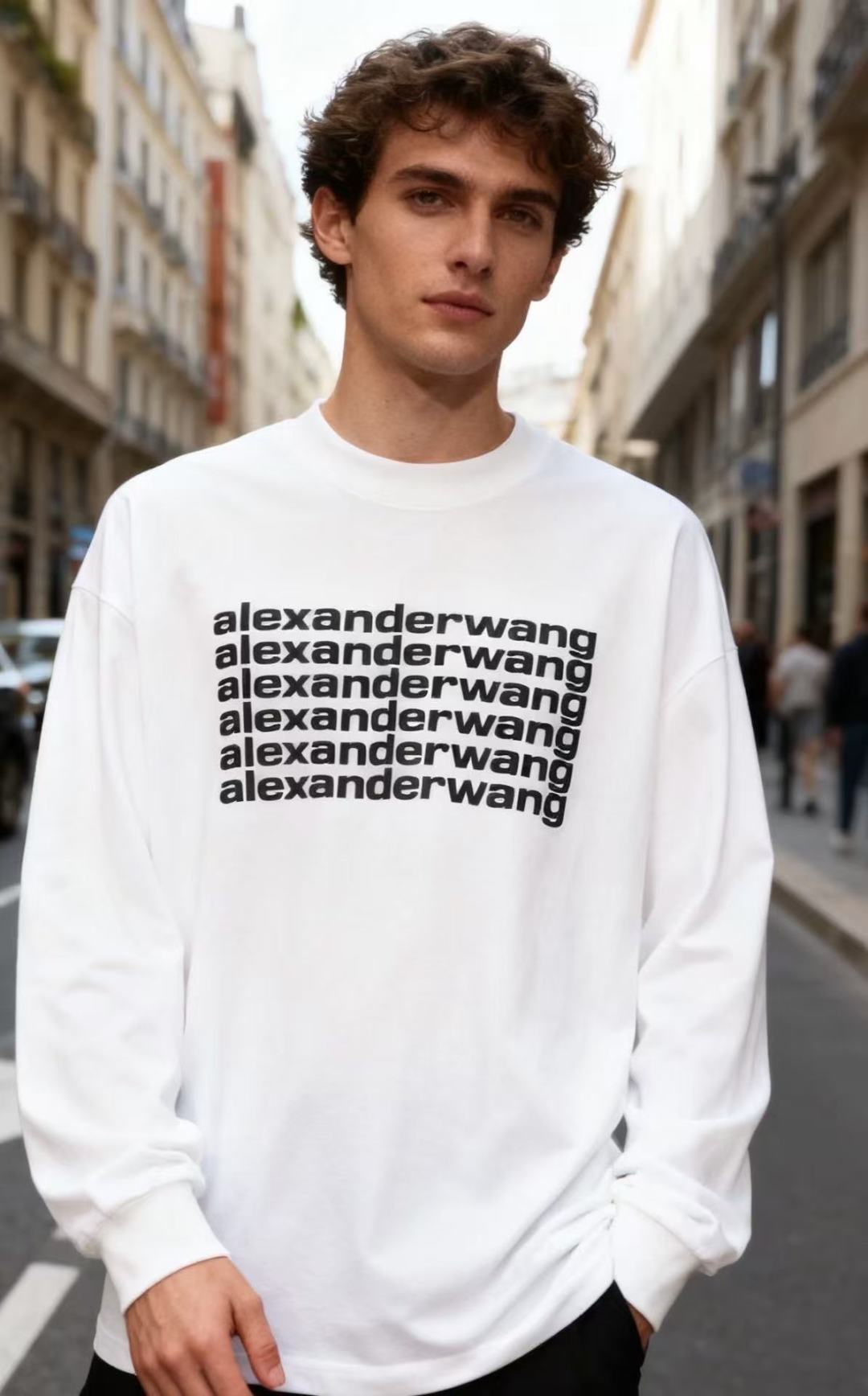 NO:596176,Alexander Wang. New products for fall 2025!  Classic men's round neck trendy long-sleeved shirt!  Made of comfortable and warm fabric!  There is the brand's original letter LOGO on the chest. The fabric is soft in texture and the style is simple and fashionable. It is a light luxury street style item. It is suitable for daily casual wear and can easily create a trendy look. Sizes S-XL, shipped the next day!  ,,alexander wang,alexander wang19860909亚历山大王. 2025秋季新品！经典男士圆领潮牌长袖衫！采用舒适保暖面料！胸前有品牌原版字母LOGO标识,面料质感柔软,风格简约时尚,属于街头轻奢风单品,适合日常休闲穿搭,能轻松打造潮流感造型.尺码S-XL,隔天出货！,,alexander wang,alexander wang,Men's clothing