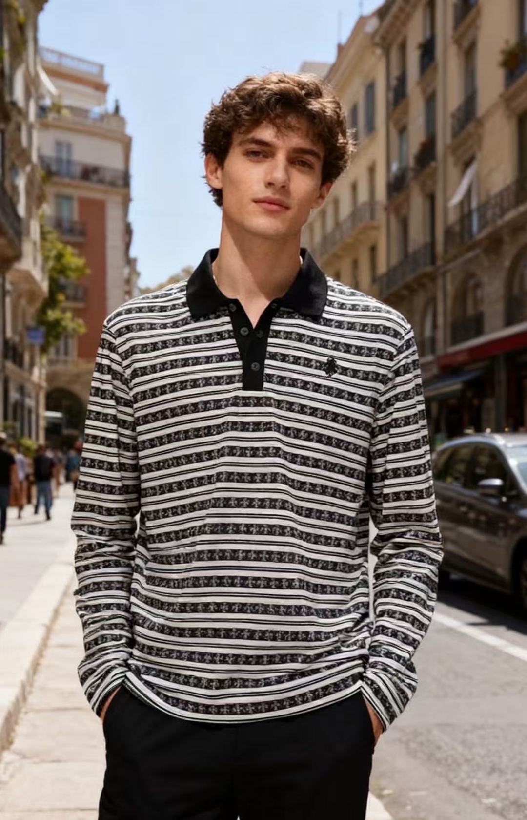 NO:596587,Crow Heart. New style for autumn!  Fashionable men's black and white striped long-sleeved polo shirt, with classic lapel and button placket design. The body is covered with the brand's iconic stripes + decorative pattern combination texture, with pure black collar details. The style is simple and slim, and the style has both retro texture and light luxury recognition. It is suitable for daily casual or light business wear scenarios!  Available in sizes S-XL, shipped the next day!  ,,chrome hearts,alexander wang19860909克罗心. 秋季新款！时尚男士黑白条纹长袖Polo衫,采用经典翻领与纽扣门襟设计,衣身布满品牌标志性的条纹+装饰图案组合纹理,搭配纯黑领口细节,版型简约修身,风格兼具复古质感与轻奢辨识度,适配日常休闲或轻商务穿搭场景！尺码S-XL,隔天出货！,,chrome hearts,alexander wang,Men's clothing