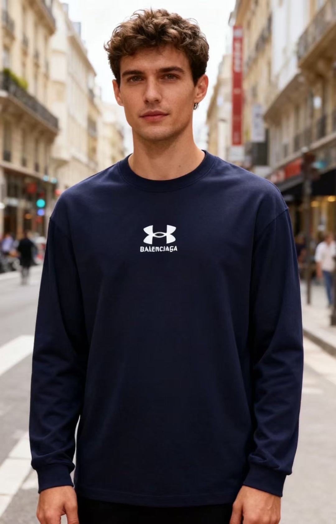 NO:596604,Balenciaga/Balenciaga. Autumn new classic co-branded navy blue long-sleeved round-neck sweatshirt. It adopts a loose fit. The front of the body is printed with a combination of white LOGOs of both brands. The simple solid color base is matched with brand co-branded elements. The style has both trend recognition and casual comfort. It is suitable for daily street or light fashion wear scenes!  Available in sizes S-XL, shipped the next day!  ,,balenciaga,balenciaga,hoodie,sweatshirts,alexander wang19860909巴黎世家/Balenciaga. 秋季新款经典联名款藏青色长袖圆领卫衣,采用宽松版型,衣身正面印有融合双方品牌白色LOGO组合图案,简约的纯色基底搭配品牌联名元素,风格兼具潮流辨识度与休闲舒适感,适配日常街头或轻潮穿搭场景！尺码S-XL,隔天出货！,,balenciaga,balenciaga,hoodie,sweatshirts,alexander wang,Men's clothing