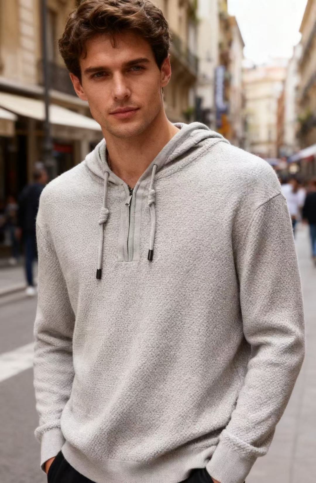 NO:598647,LP. 2025 new autumn fashion men's hooded sweater, made of fine textured fabrics, with a hooded design and a half-zip placket. The drawstring details add a casual feel. The overall style is simple and comfortable, and the style tends to be light luxury and casual. It combines the soft texture of knitted materials with the casualness of the hooded style!  A must-have artifact for autumn and winter!  Sizes 48-56, shipped next day!  ,,loro piana,hats,alexander wang19860909LP. 2025秋季新款时尚男士连帽针织衫,采用细密的纹理面料,搭配连帽设计与半拉链门襟,抽绳细节增添了休闲感,整体版型简约舒适,风格偏向轻奢休闲风,兼具针织材质的柔软质感与连帽款式的随性！秋冬必备神器！尺码48-56,隔天出货！,,loro piana,hats,alexander wang,Men's clothing