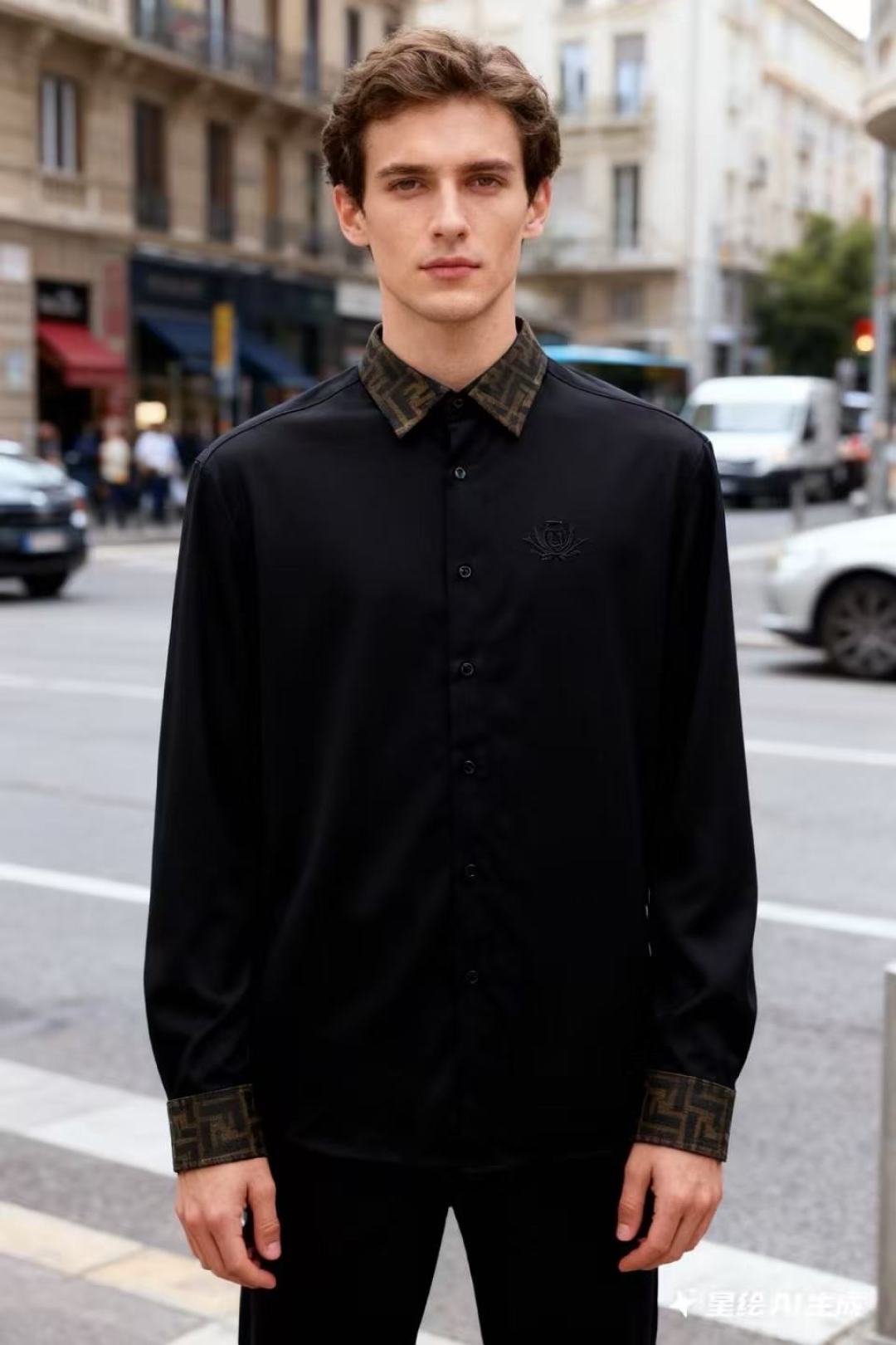 NO:598656,FE*DI/Fendi. 2025 autumn new style!  Fashionable men's black long-sleeved shirt. The main body is made of fine pure black fabric. The collar and cuffs are spliced ​​with the brand's iconic FF presbyopic pattern. The left chest is embellished with a small embroidered logo. The overall design incorporates the brand's classic elements under the framework of a simple and basic model. It not only retains the formal texture of the shirt, but also highlights the light luxury tone through the presbyopic details. The style is suitable for daily commuting, light business and other scenarios!  Sizes 48-56, shipped next day!  ,,fendi,shirts,alexander wang19860909FE*DI/芬迪. 2025秋季新款！时尚男士黑色长袖衬衫,主体采用细腻的纯黑面料,领口与袖口拼接了品牌标志性FF老花图案,左胸位置点缀着小巧的刺绣标识,整体设计在简约基础款的框架下融入了品牌经典元素,既保留了衬衫的正式质感,又通过老花细节凸显轻奢调性,风格适配日常通勤、轻商务等多场景穿搭！尺码48-56,隔天出货！,,fendi,shirts,alexander wang,Men's clothing