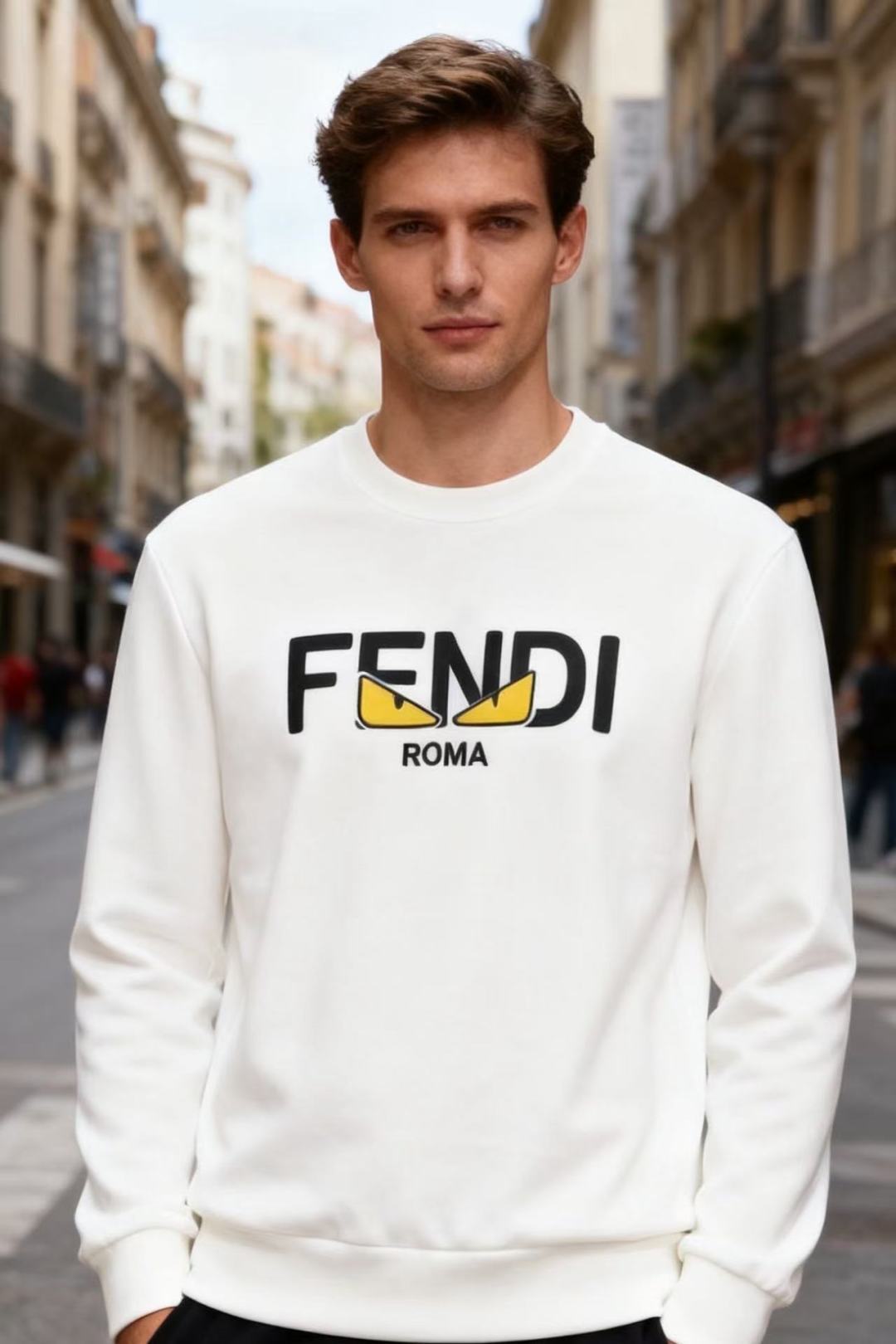 NO:599974,FENDI/FENDI. New products for autumn 2025!  The fashionable men's versatile round-neck sweatshirt is decorated with the brand's iconic yellow 'little devil' eye pattern on the chest, paired with the brand's letter LOGO. The design has a distinctive personality. It not only retains the practicality of the basic model, but also highlights the brand style through highly recognizable elements, making it full of coolness!  Sizes 48-56, shipped next day!  ,,fendi,fendi,hoodie,sweatshirts,alexander wang19860909FENDI/芬迪. 2025秋季新品！时尚男士百搭圆领卫衣胸前装饰着品牌标志性的黄色“小恶魔”眼睛图案,搭配品牌字母LOGO标识,设计个性鲜明,既保留了基础款的实穿性,又通过辨识度极高的元素凸显了品牌风格,潮酷感十足！尺码48-56,隔天出货！,,fendi,fendi,hoodie,sweatshirts,alexander wang,Men's clothing