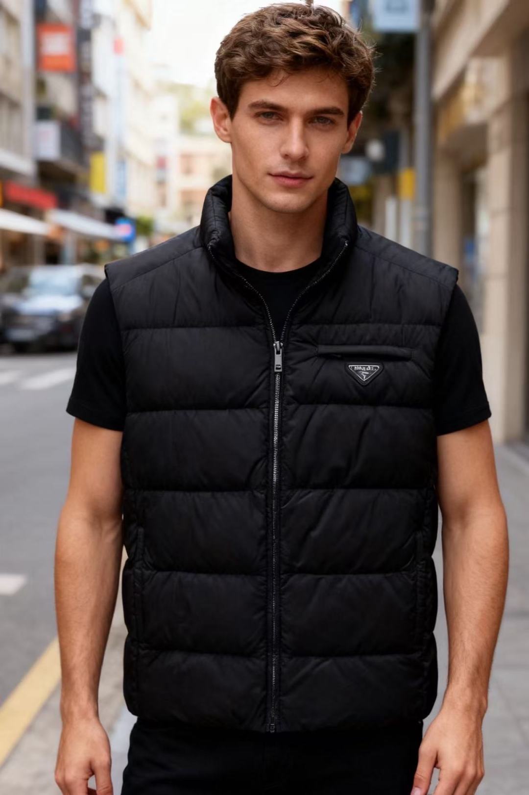 NO:610828,Pr*/Pr*da. 25 new autumn and winter styles!  Fashionable men's black all-match down vest, with quilted filling and new national standard 90 velvet stand-up collar and windproof design!  The chest is decorated with the brand LOGO, and the body is equipped with a multi-pocket structure. The details are embellished with the brand's classic original LOGO. The overall design combines warmth with simple outdoor fashion. It is a practical item for layering in autumn and winter to add layering and warmth!  Sizes 48-56, shipped next day!  ,,prada,down jacket,alexander wang19860909普拉*/Pr*da. 25秋冬新款！时尚男士黑色百搭羽绒马甲,采用绗缝填充新国标90绒立领防风设计！胸前饰有品牌LOGO标识,衣身配备多口袋结构,细节处点缀了品牌经典原版LOGO整体兼具保暖性与简约的户外时尚感,是秋冬叠穿增加层次与暖意的实用单品！尺码48-56,隔天出货！,,prada,down jacket,alexander wang,Men's clothing