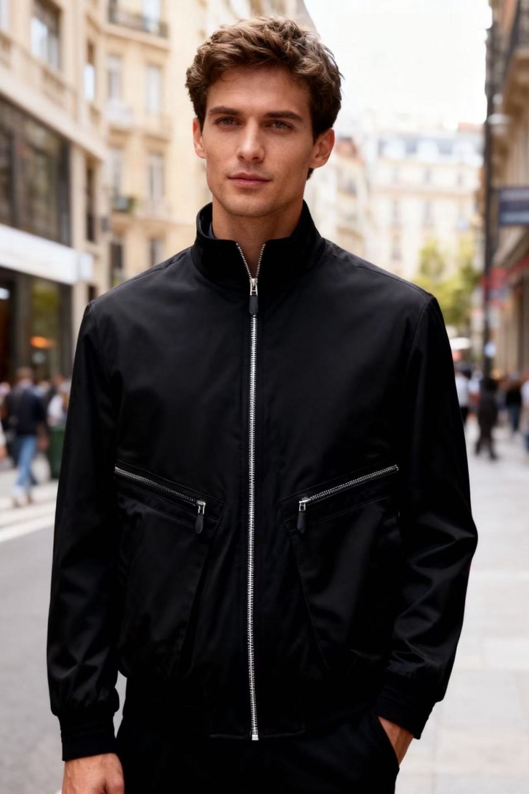 NO:610825,TF. 2025 autumn and winter new style!  Fashionable men's black stand-up collar zipper jacket, made of fine-textured high-end fabrics. The full zipper placket and stand-up collar design are both practical and elegant. The zipper pocket details on both sides of the body show exquisite craftsmanship. The overall style is simple and elegant, suitable for commuting and leisure occasions, showing a low-key and luxurious dressing taste!  Sizes 48-56, shipped next day!  ,,tom ford,jackets & coats,alexander wang19860909TF. 2025秋冬新款！时尚男士黑色立领拉链夹克,采用质感细腻的高级面料,全拉链开襟与立领设计兼具实用性与优雅感,衣身两侧的拉链口袋细节彰显精致工艺,整体风格简约大气,适配通勤与休闲场合,尽显低调奢华的穿搭品味！尺码48-56,隔天出货！,,tom ford,jackets & coats,alexander wang,Men's clothing