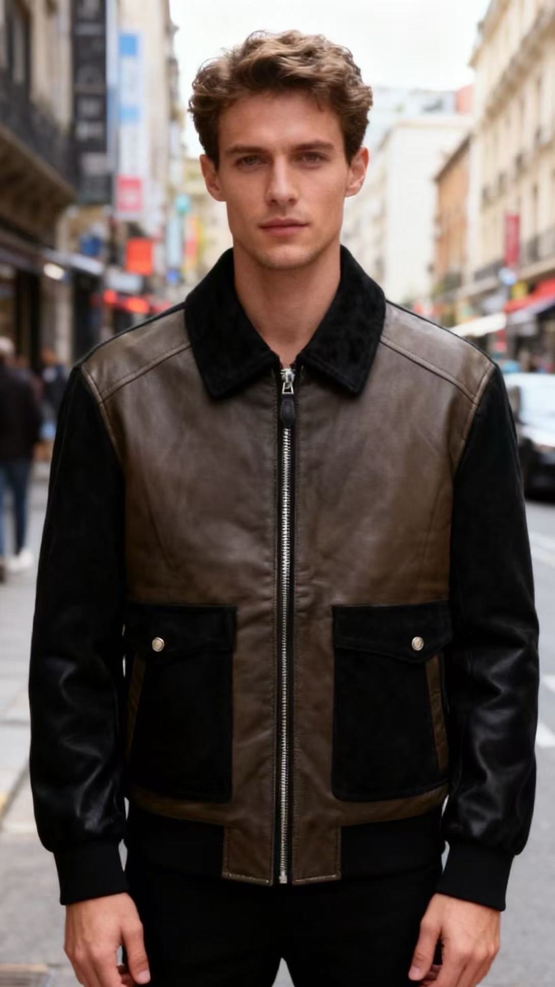 🔥lP🆕.25秋冬新款🆕时尚男士深咖色拼接翻领夹克，采用了优质的皮革与麂皮面料拼接设计，皮革部分质感细腻