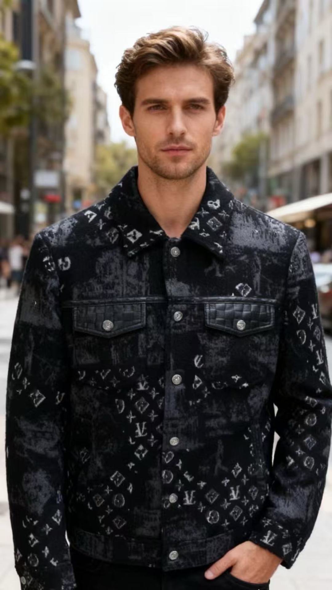 NO:648469,Louis Vuit*/LV.  The new fashionable men's all-match jacket for autumn and winter of 25 is made of wool as the main fabric, with goose down filling to improve the warmth performance, and spliced with genuine leather materials to create detailed texture. The design with black and gray camouflage presbyopia prints has its own trendy attributes. The texture of wool is combined with the fluffiness of goose down, which not only retains the stiffness of the version but also enhances it.  The genuine leather rhombus pocket on the chest contrasts the delicate touch of leather with the rough texture of wool. The combination of metal snaps and genuine leather adds a light and luxurious atmosphere. The overall combination of thermal functionality, material layering and trendy design is just right. It is a high-end item that is both beautiful and practical in autumn and winter!  Sizes 48-56, shipped next day!  ,,louis vuitton,louis vuitton,jackets & coats,alexander wang19860909路易威*/LV. 25秋冬新款时尚男士百搭夹克以羊毛为主体面料,融入鹅绒填充提升保暖性能,同时拼接真皮材质打造细节质感.黑灰迷彩老花满印的设计自带潮流属性,羊毛的肌理感与鹅绒的蓬松度结合,既保留了版型挺括度又增强了保暖性；胸前的真皮菱格纹口袋则以皮质的细腻触感与羊毛的粗粝质感形成对比,金属按扣与真皮的搭配更添轻奢氛围,整体将保暖功能性、材质层次感与潮流设计感融合得恰到好处,是秋冬兼具颜值与实穿的高阶单品！尺码48-56,隔天出货！,,louis vuitton,louis vuitton,jackets & coats,alexander wang,Men's clothing