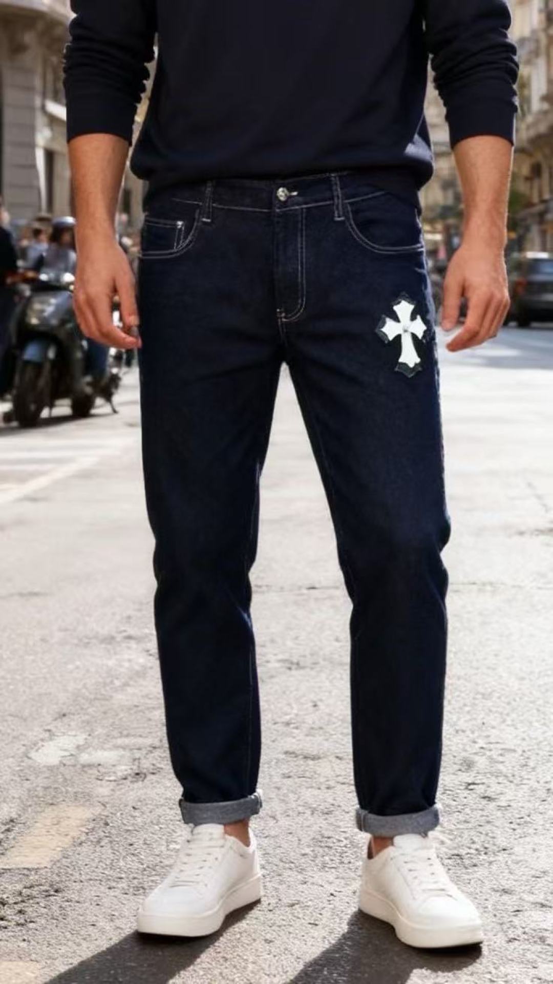 NO:656133,Crow heart.  The new autumn and winter 25 classic navy blue men's jeans are made of high-elastic denim fabric, which is soft to the touch, stiff and wear-resistant, and not easy to deform and fade. The classic navy primary color has a retro texture; the trousers are outlined with topstitching technology, and the quality of the craftsmanship is highlighted in the details. The luxurious classic brand cross is embellished with green shading, which is very trendy.  Recognizable; the waist is opened and closed with classic buttons and zippers, and the curved pocket design is practical and beautiful to modify the leg shape; the overall style is both casual and trendy, and can be paired with sweaters, jackets, down jackets and other items. Whether it is for daily outings or casual gatherings, it can create a full of personality. It is a versatile item in men's trendy wear!  Sizes 28-38, 35 available!  Ships next day!  ,,chrome hearts,hoodie,sweatshirts,jeans,jackets & coats,down jacket,alexander wang19860909克罗心. 25秋冬新品经典藏青色男士牛仔裤采用高弹丹宁牛仔面料制作,触感柔软且挺括耐磨,不易变形褪色,经典的藏青原色自带复古质感；裤身采用明线工艺勾勒轮廓,细节处彰显工艺品质,奢华经典品牌十字搭配绿色底纹点缀,极具潮流辨识度；腰部为经典纽扣拉链开合,搭配弧形口袋设计实用又美观修饰腿型效果佳；整体风格兼具休闲与潮流感,可搭配卫衣、夹克、羽绒服等单品,无论是日常出街还是休闲聚会,都能打造出个性十足的造型,是男士潮流穿搭中的百搭单品！尺码28-38,有35！隔天出货！,,chrome hearts,hoodie,sweatshirts,jeans,jackets & coats,down jacket,alexander wang,Men's clothing