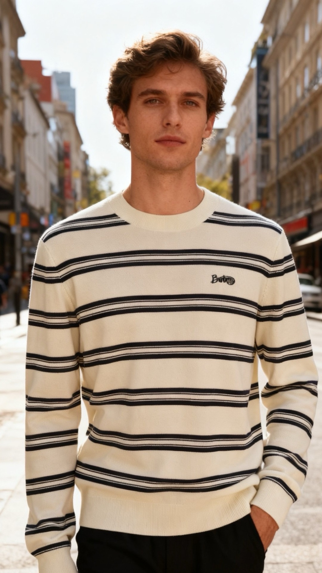 🔥巴宝丽/Burbe*ry.25秋冬新款！时尚男士圆领长袖针织衫，面料成分为桑蚕丝与氨纶混纺👍采用横向条