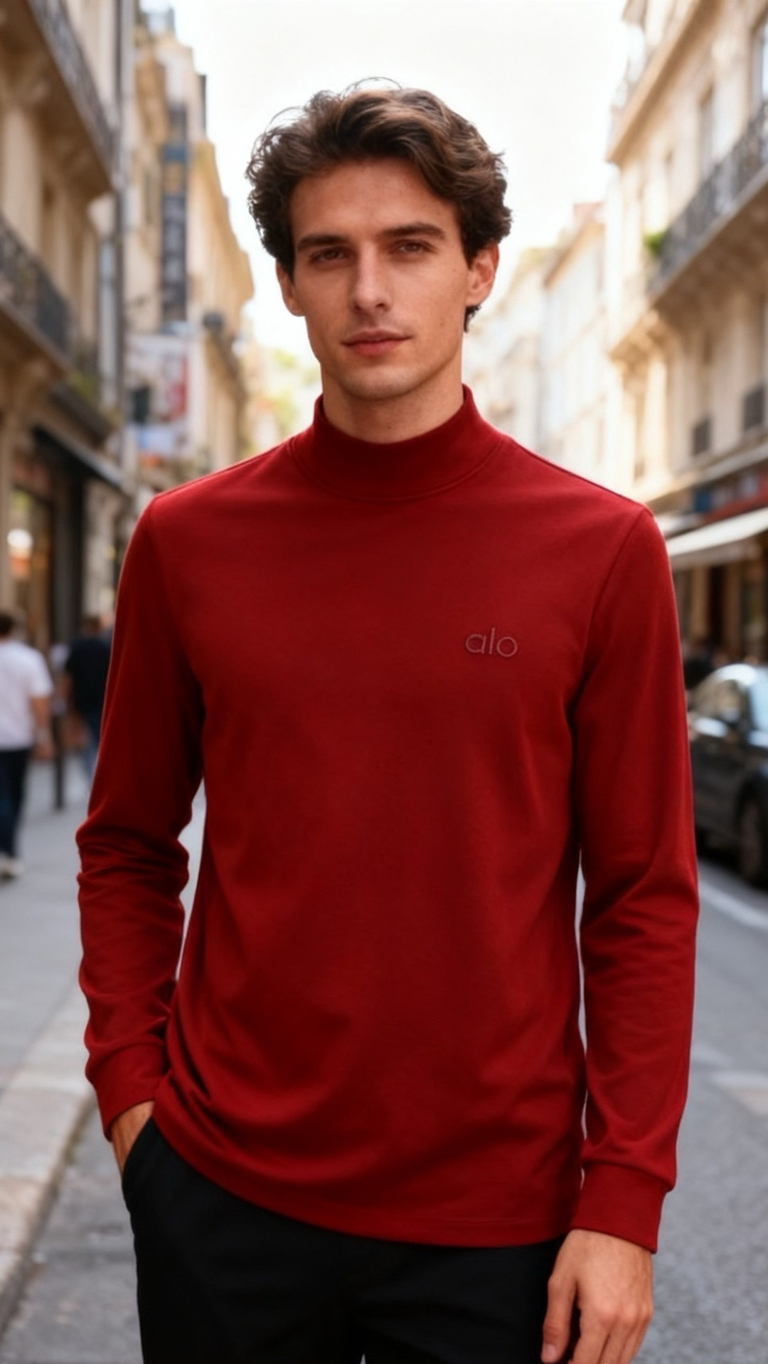 🔥alo.25秋冬新款！男士百搭半高领长袖上衣，面料为腈纶天丝与暖姜纤维混纺材质，左胸处有简约品牌字母刺