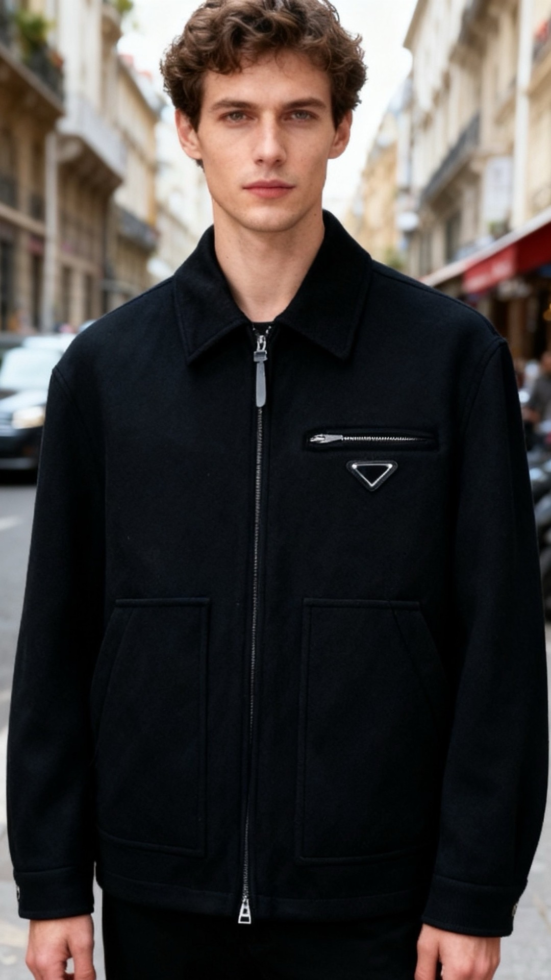 🔥普拉*/Pr*da.25秋冬新款🆕时尚男士翻领拉链夹克，面料为莱赛尔、腈纶、羊驼毛与聚酯纤维混纺材质，