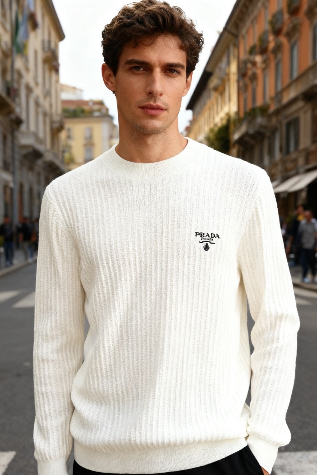 NO:712042,Pr*/Pr*da. 25 autumn and winter men's all-match knitwear adopts a half-high collar design, the body is covered with vertical pit texture, and the brand's classic letter logo is embroidered on the chest. The sleeves are standard long sleeves, and the cuffs are ribbed. The overall shape is regular, cut to fit the body shape. The knitted fabric has a thick and elastic texture. It has both warmth and fashion sense. It is suitable for daily leisure and light business scenes!  Sizes 48-56, shipped next day!  ,,prada,19860909普拉*/Pr*da. 25秋冬男士百搭针织衫采用半高领设计,衣身布满竖向坑条纹理,胸前品牌经典字母标识刺绣装饰.袖型为标准长袖,袖口做罗纹收边处理,整体为常规版型,剪裁贴合身形,针织面料质感厚实且富有弹性,兼具保暖性与穿搭的时尚感,适合日常休闲与轻商务场景搭配！尺码48-56,隔天出货！,,prada,,Men's clothing