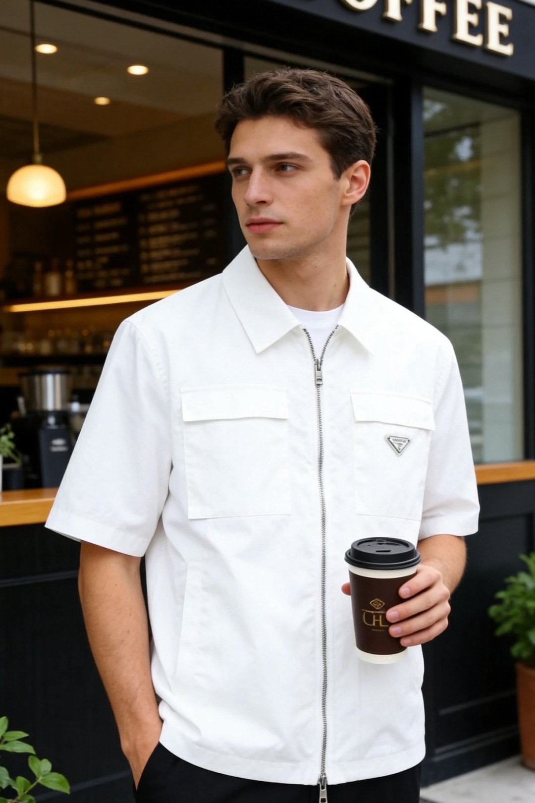 NO:743413,Prada.  The new spring and summer 2026 fashionable men's versatile short-sleeved shirt-style jacket is made of original quality crisp fabric, which is both crisp and comfortable, with a neat and stylish upper body. The classic lapel is matched with a front zipper, which combines the neatness of a shirt with the practicality of a jacket;  The large pocket design combines storage function with workwear aesthetics; the iconic triangle logo embellishment highlights the brand recognition. The overall tailoring is neat and the short-sleeved design is suitable for multi-season wear. Whether worn alone or layered, you can easily create a high-end casual look!  Sizes 48-56, shipped next day!  ,,prada,jackets & coats,jackets & coats,shirts,T-shirt,19860909普拉达. 2026春夏新款时尚男士百搭短袖衬衫式夹克采用原单品质的挺括面料,兼具挺括度与舒适感,上身利落有型.经典翻领搭配前襟拉链,兼具衬衫的利落与外套的实用；胸前对称大口袋设计,兼具收纳功能与工装美学；标志性三角徽标点缀,彰显品牌辨识度.整体剪裁利落,短袖设计适配多季穿搭,无论是单穿还是叠搭,都能轻松打造高级休闲造型！尺码48-56,隔天出货！,,prada,jackets & coats,jackets & coats,shirts,T-shirt,,Men's clothing