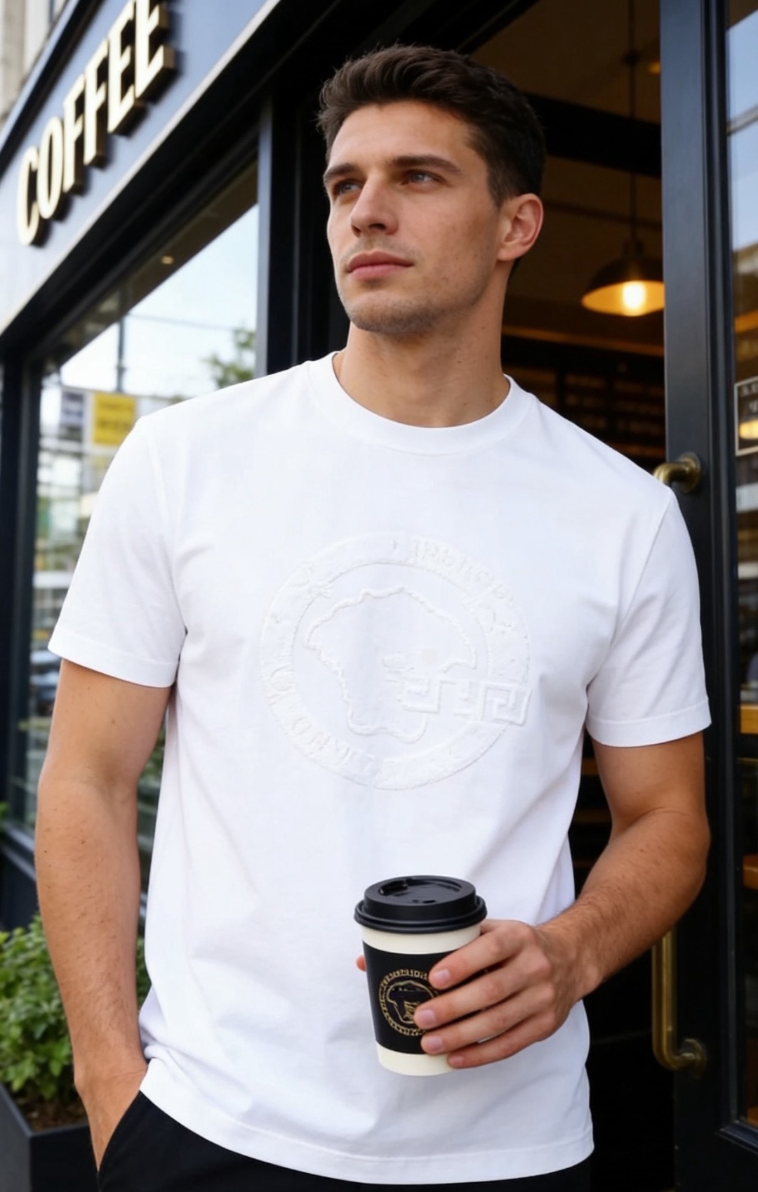 🔥范思哲.26夏季新品！时尚男士百搭T恤采用经典圆领设计，领口内侧饰有标志性回纹织带，细节处传递品牌辨识