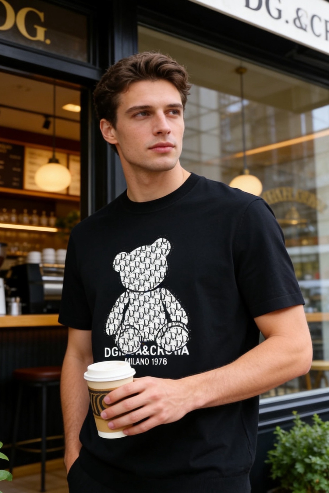 🔥迪奥.26夏季新品！时尚男士百搭T恤采用经典圆领设计，版型简约利落，适配多种身形。胸前满印小熊图案搭配