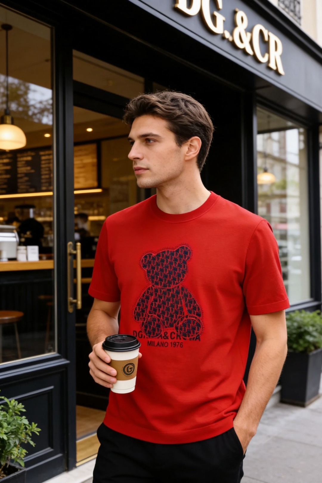 🔥迪奥.26夏季新品！时尚男士百搭T恤采用经典圆领设计，版型简约利落，适配多种身形。胸前满印小熊图案搭配