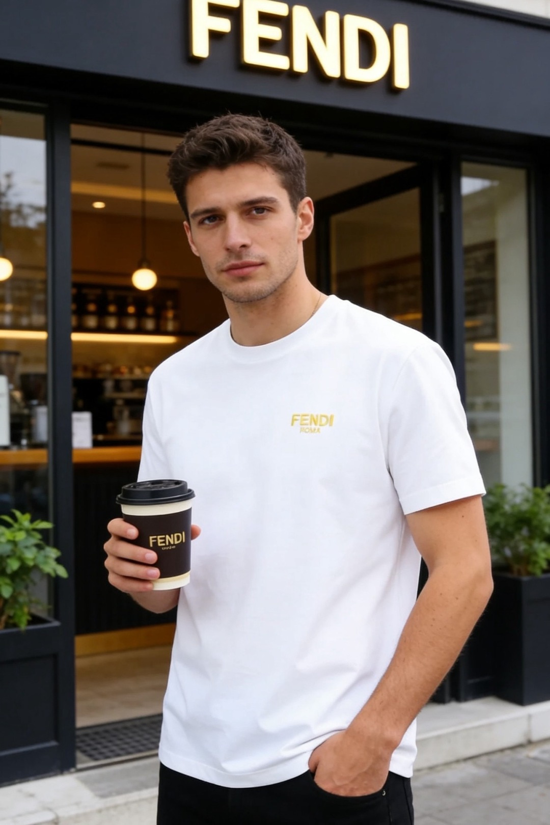 🔥芬迪.26夏季新品！时尚男士百搭短袖T恤采用经典圆领设计，领口边缘饰有品牌标志性织带细节，低调暗藏巧思