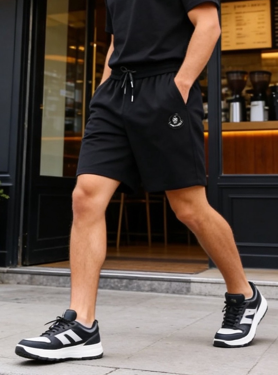 🔥蒙口.26夏季新品！时尚男士简约休闲运动短裤，采用松紧抽绳腰头设计，自在贴合且穿脱便捷。侧边的标识徽章