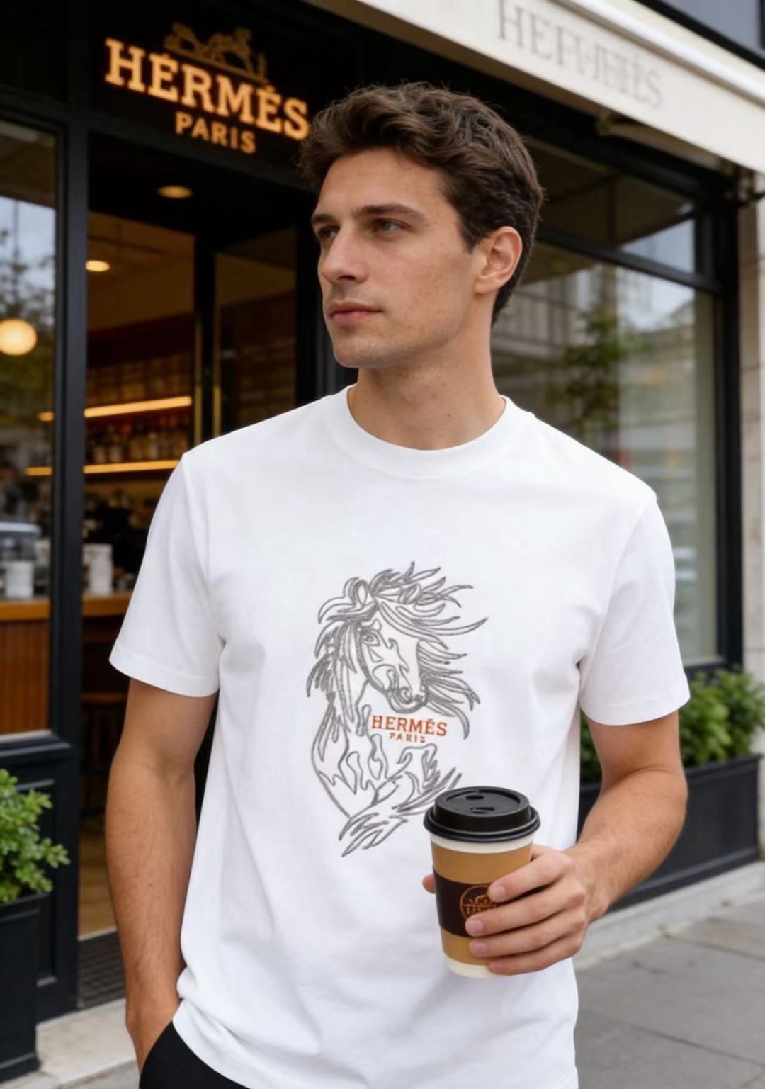 🔥爱马仕.26夏季新品！时尚男士百搭圆领基础短袖版型，领口内侧撞色饰条提升细节质感。衣身正面骏马纹样刺绣