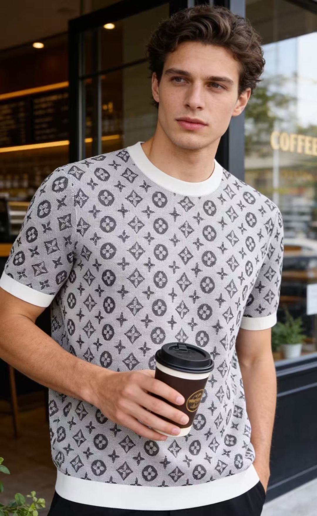 NO:903078,Louis Vuit*/LV. 26 new summer products!  Fashionable men's classic round neck short-sleeved knitted top. The collar, cuffs and hem are closed with contrasting ribbing. The body is covered with classic presbyopia patterns, neatly arranged, and the fit is not tight. The overall style is exquisite and elegant, with a sense of fashion and stability. It can easily highlight your taste when wearing for daily travel!  Sizes 48-56, shipped next day!  ,,louis vuitton,louis vuitton,T-shirt,19860909路易威*/LV. 26夏季新品！时尚男士经典圆领短袖针织上衣,领口、袖口与下摆采用撞色罗纹收口.衣身布满满幅经典老花图案,排布整齐有序,版型合身不紧绷,整体格调精致大气,兼具潮流感与稳重感,日常出行穿搭轻松凸显品位！尺码48-56,隔天出货！,,louis vuitton,louis vuitton,T-shirt,,Men's clothing