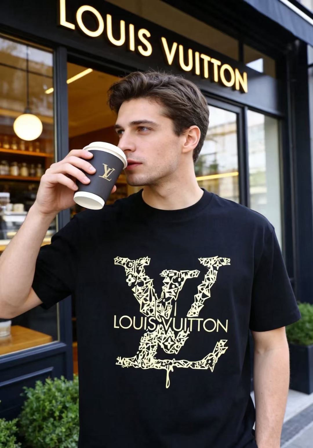 🔥路易威*/LV.26夏季新品！时尚男士圆领短袖👍宽松日常穿搭包容各类身形，领口做工规整不易变形，上身利