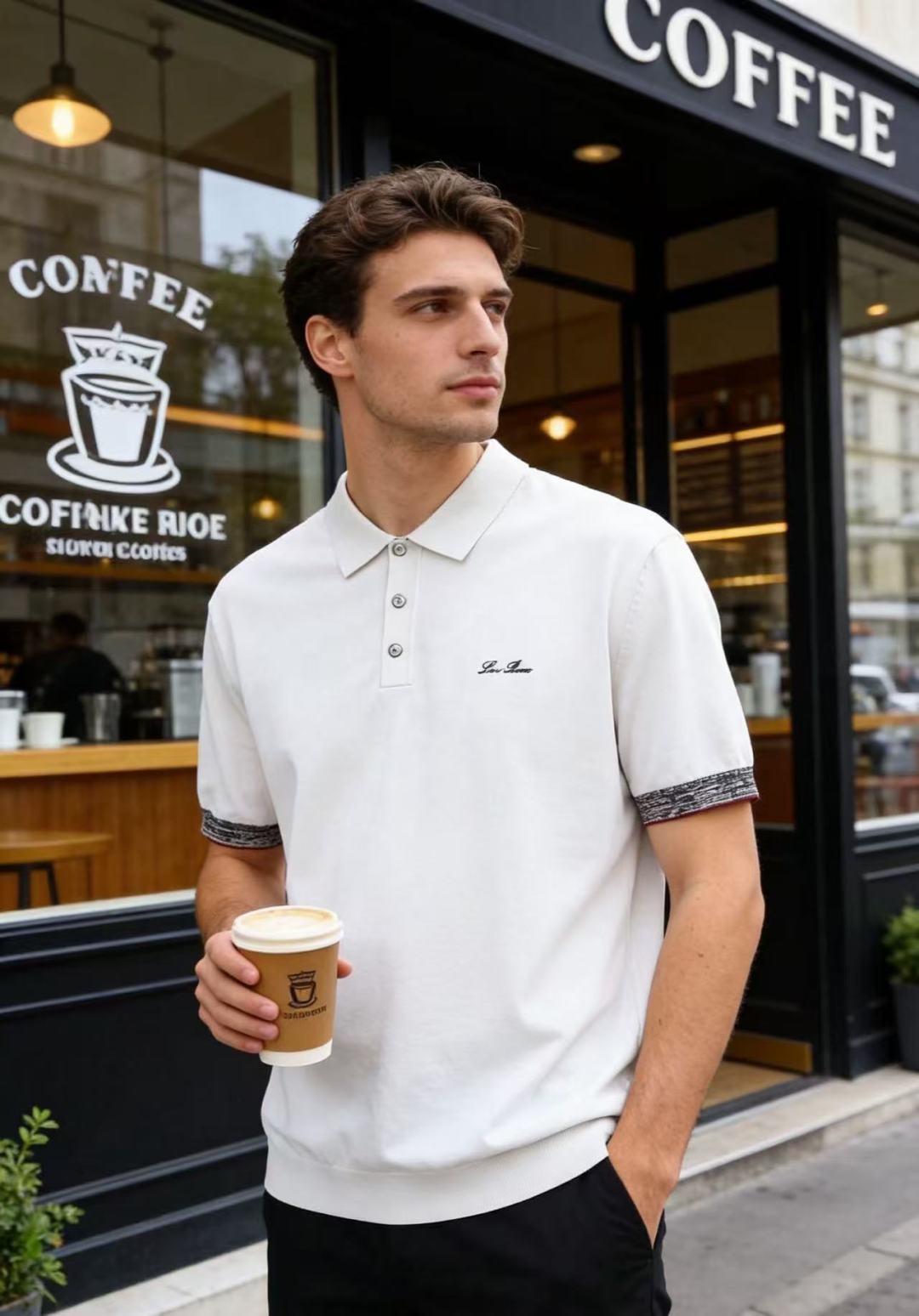 🔥Loro piana.26夏季新品！时尚男士经典翻领短袖👍搭配三颗纽扣门襟，左胸处点缀精致手写刺绣标识