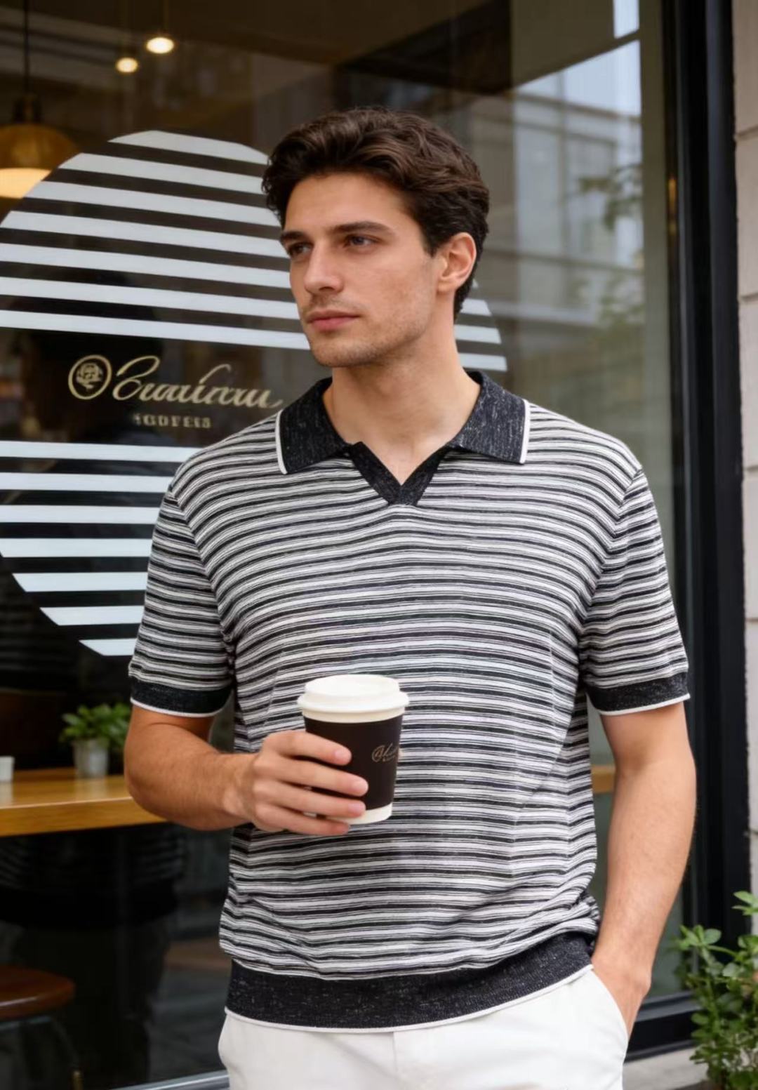 🔥Loro piana.26夏季新品！时尚男士百搭短袖👍小翻领搭配无扣V型门襟，全身布满细密横向条纹，领