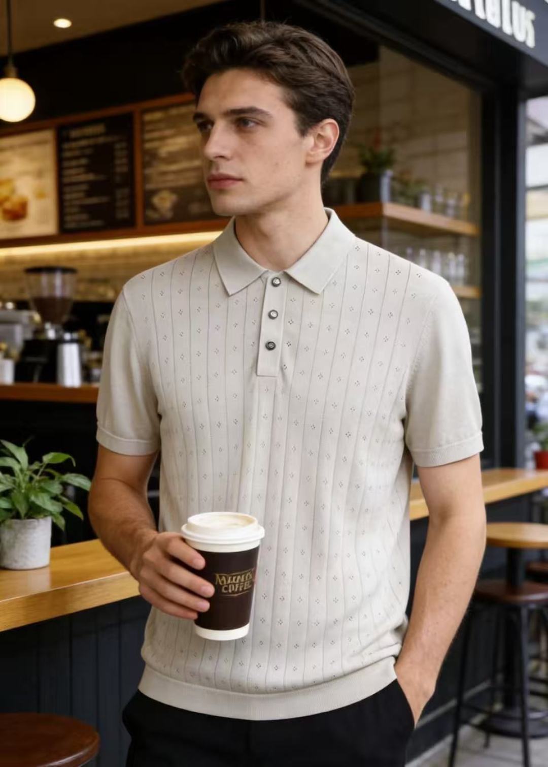 🔥Loro piana. 26夏季新品🆕时尚男士轻奢针织Polo衫，意式大牌翻领版型格调雅致，全身竖纹镂空肌理富有层次感
