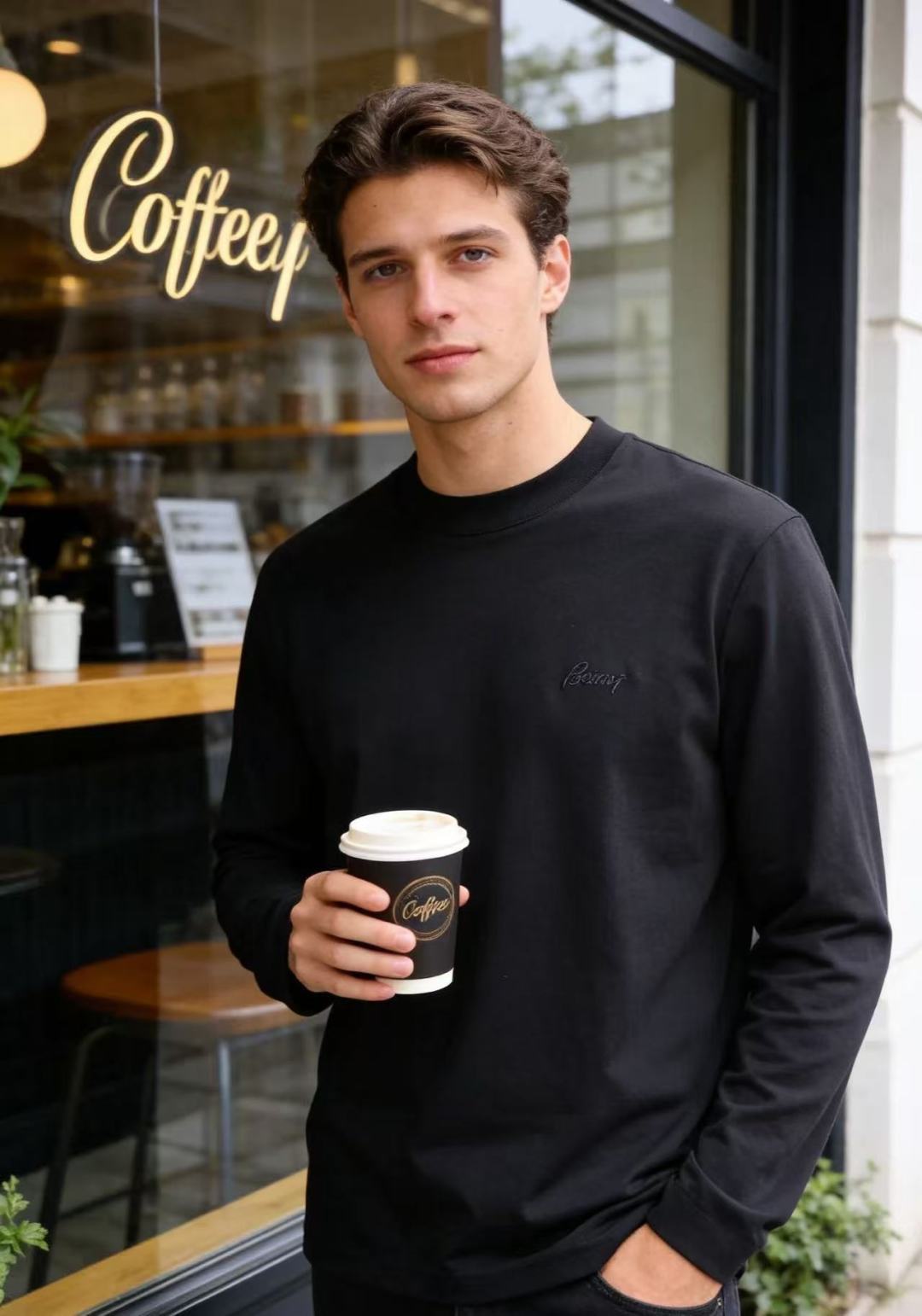 🔥布里奥尼. 26秋季新品！时尚男士轻奢半高领长袖打底，胸口精致手工刺绣低调彰显大牌格调，领口弧度恰到好处，下摆别致开叉