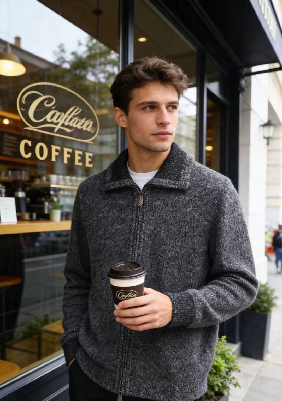 🔥Loro Piana. 26秋季新品！时尚男士翻领拉链针织开衫，羊绒羊毛混纺材质，翻领肌理撞色设计，顺滑全拉链门襟，罗