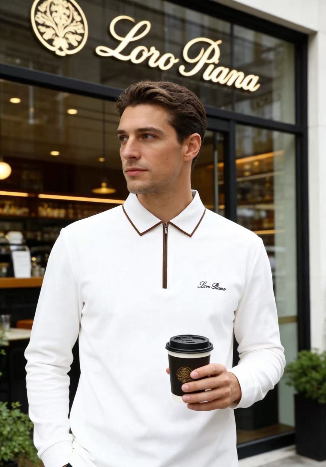 🔥Loro Piana. 26秋冬新款！时尚男士长袖Polo衫，撞色包边翻领搭配半拉链门襟，胸口精致手写刺绣标识低调雅致