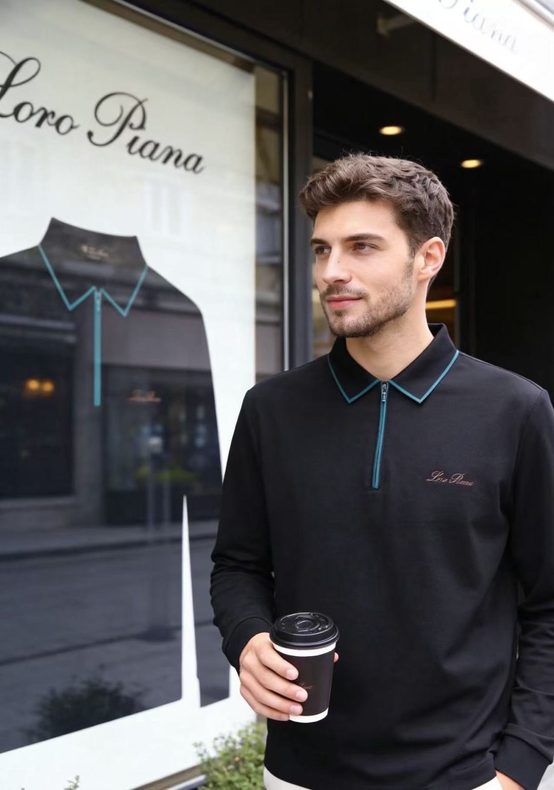 🔥Loro Piana. 26秋冬新款！时尚男士长袖Polo衫，撞色包边翻领搭配半拉链门襟，胸口精致手写刺绣标识低调雅致