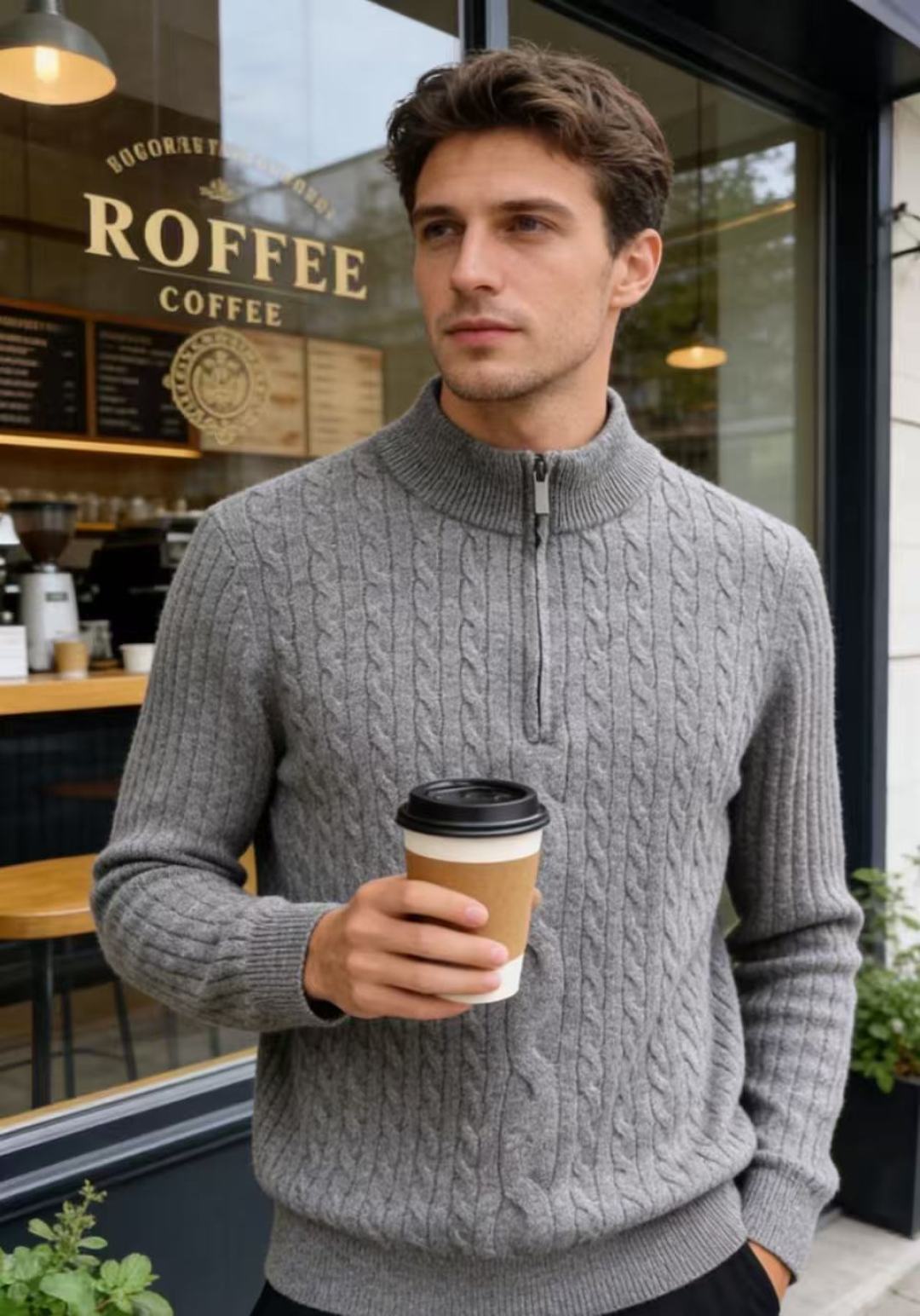 🔥Loro Piana. 26秋冬新款！时尚男士半拉链立领针织衫，复古立体麻花纹理，半开拉链立领设计，罗纹领、袖口与下摆