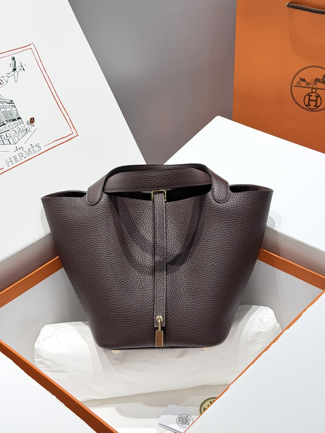 NO:879458,[Wax Thread Version] Vegetable Basket Ebony Color Top Details Pictured, Hermes,hermes,Hermes,19860909【蜡线版本】菜篮子  乌木色 顶级 细节如图,爱马仕,hermes,Hermes,,Bag
