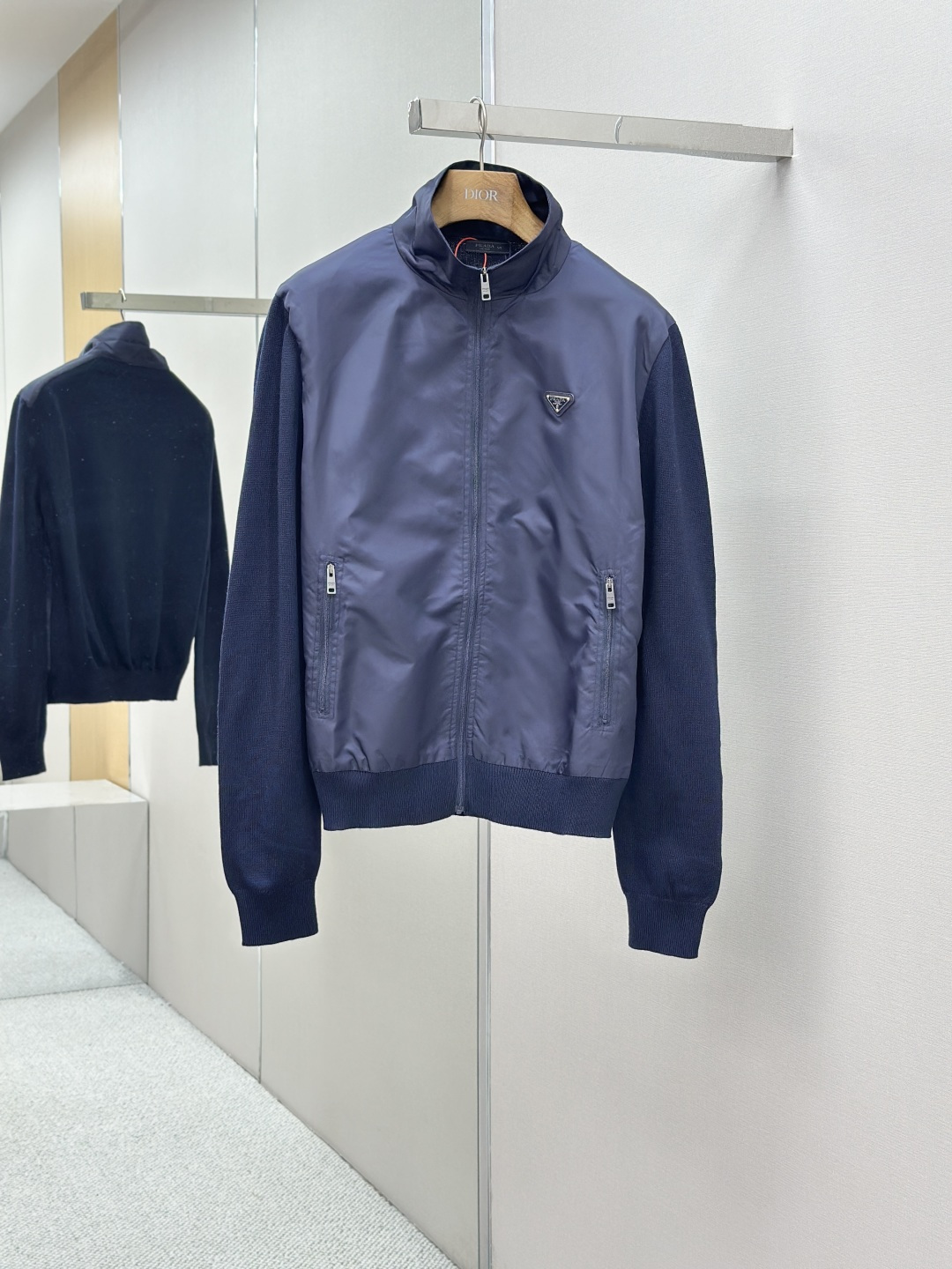 Prada Navy Blue Nylon & Wool Blend Jacket with Logo - Slim Fit