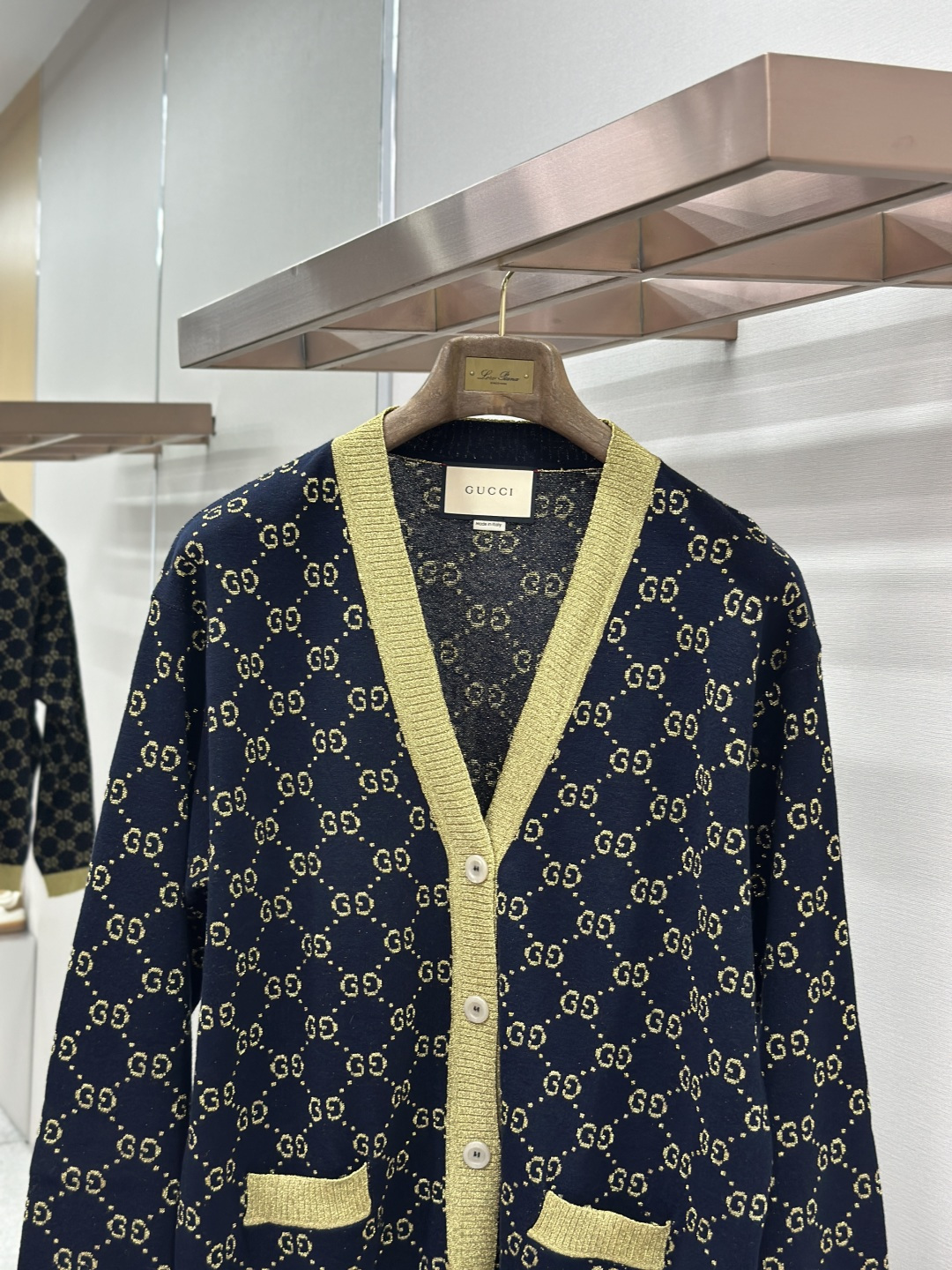 Gucci GUCCI Logo单排扣长袖 针织衫 深蓝色