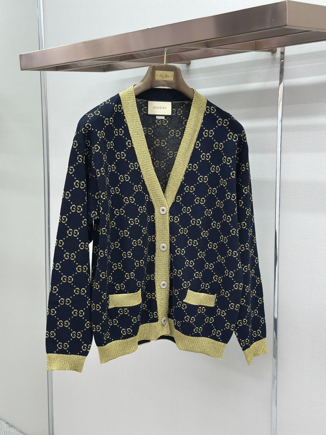 Gucci GUCCI Logo单排扣长袖 针织衫 深蓝色