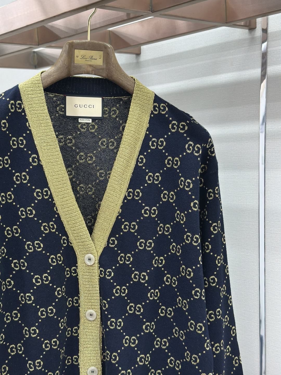 Gucci GUCCI Logo单排扣长袖 针织衫 深蓝色