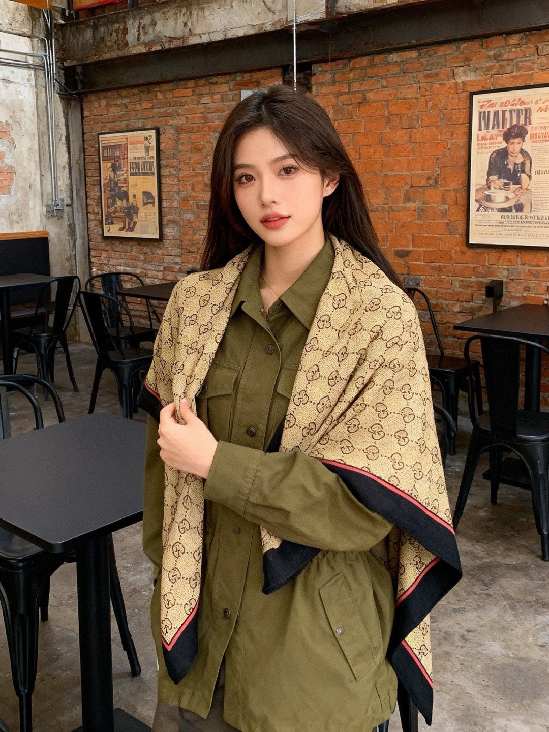 Gucci~140双面丝绒披肩马衔扣细节和GG图案以精致色调匠心呈献，意在向品牌与马术世界的深厚渊源致敬