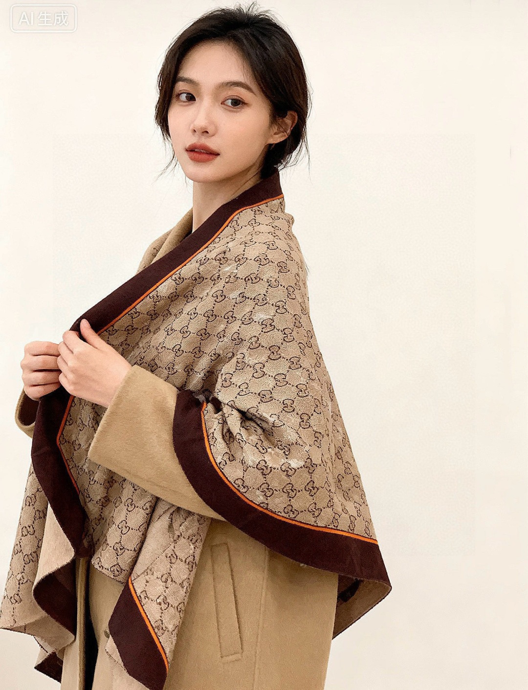 Gucci~140双面丝绒披肩马衔扣细节和GG图案以精致色调匠心呈献，意在向品牌与马术世界的深厚渊源致敬