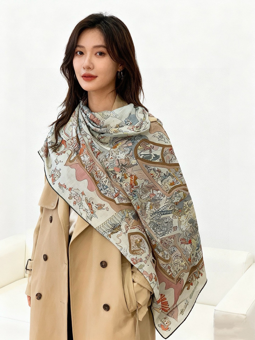 “马术学院”140双面同色丝绒披肩～Hermes 手工卷边丝绒方巾（30%桑蚕丝70%羊绒）这款爱马仕的