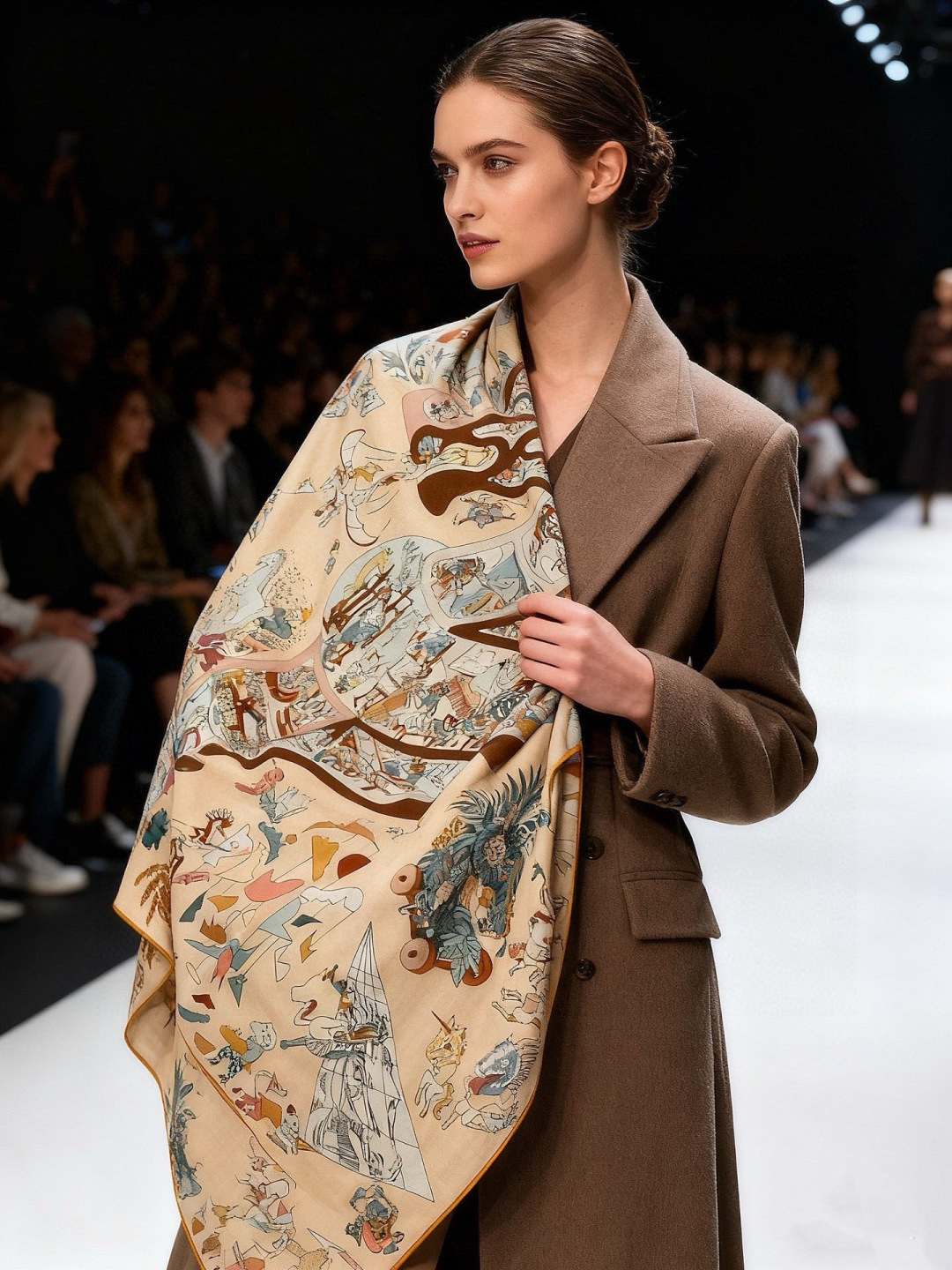 “马术学院”140双面同色丝绒披肩～Hermes 手工卷边丝绒方巾（30%桑蚕丝70%羊绒）这款爱马仕的