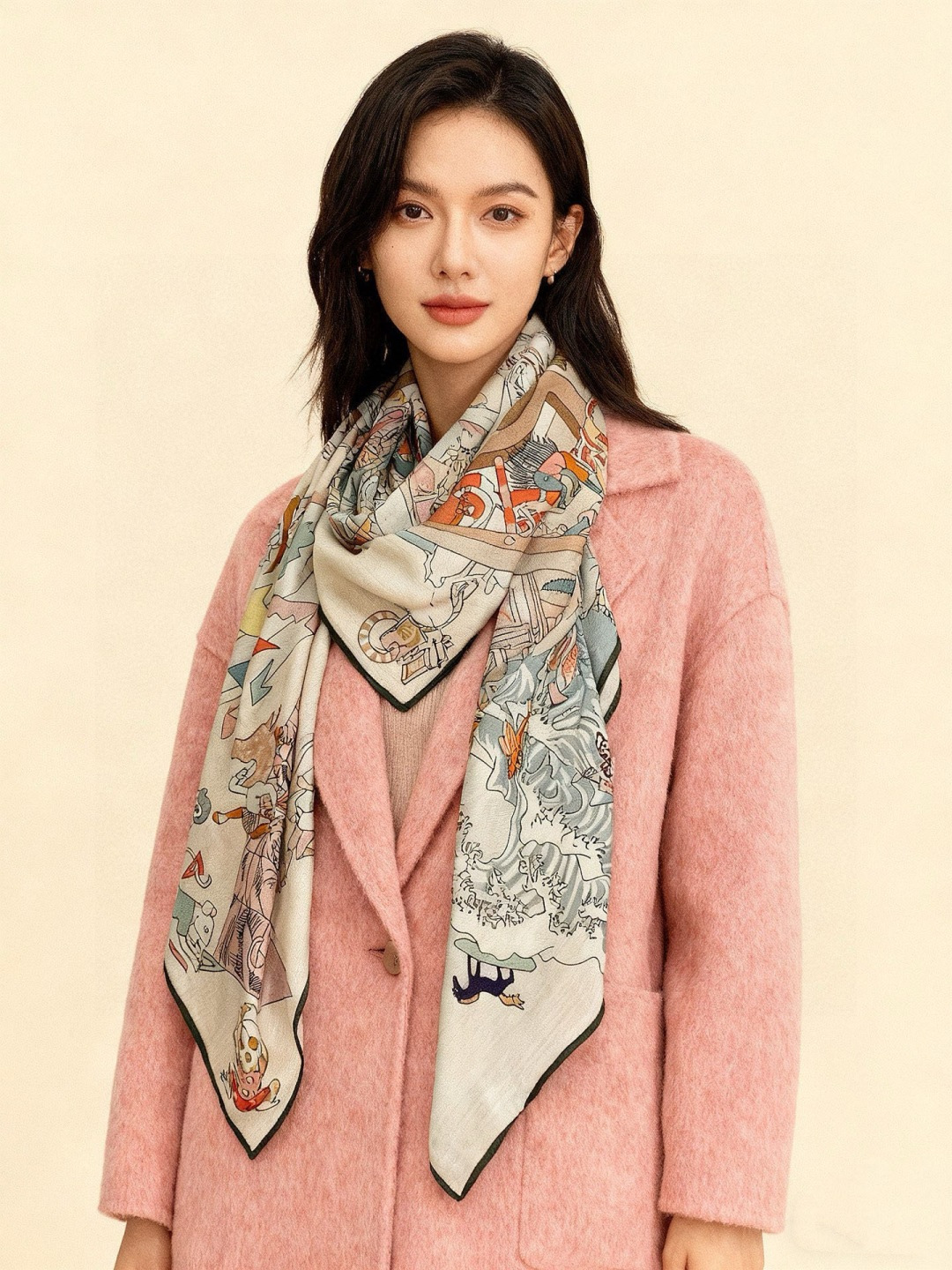 “马术学院”140双面同色丝绒披肩～Hermes 手工卷边丝绒方巾（30%桑蚕丝70%羊绒）这款爱马仕的