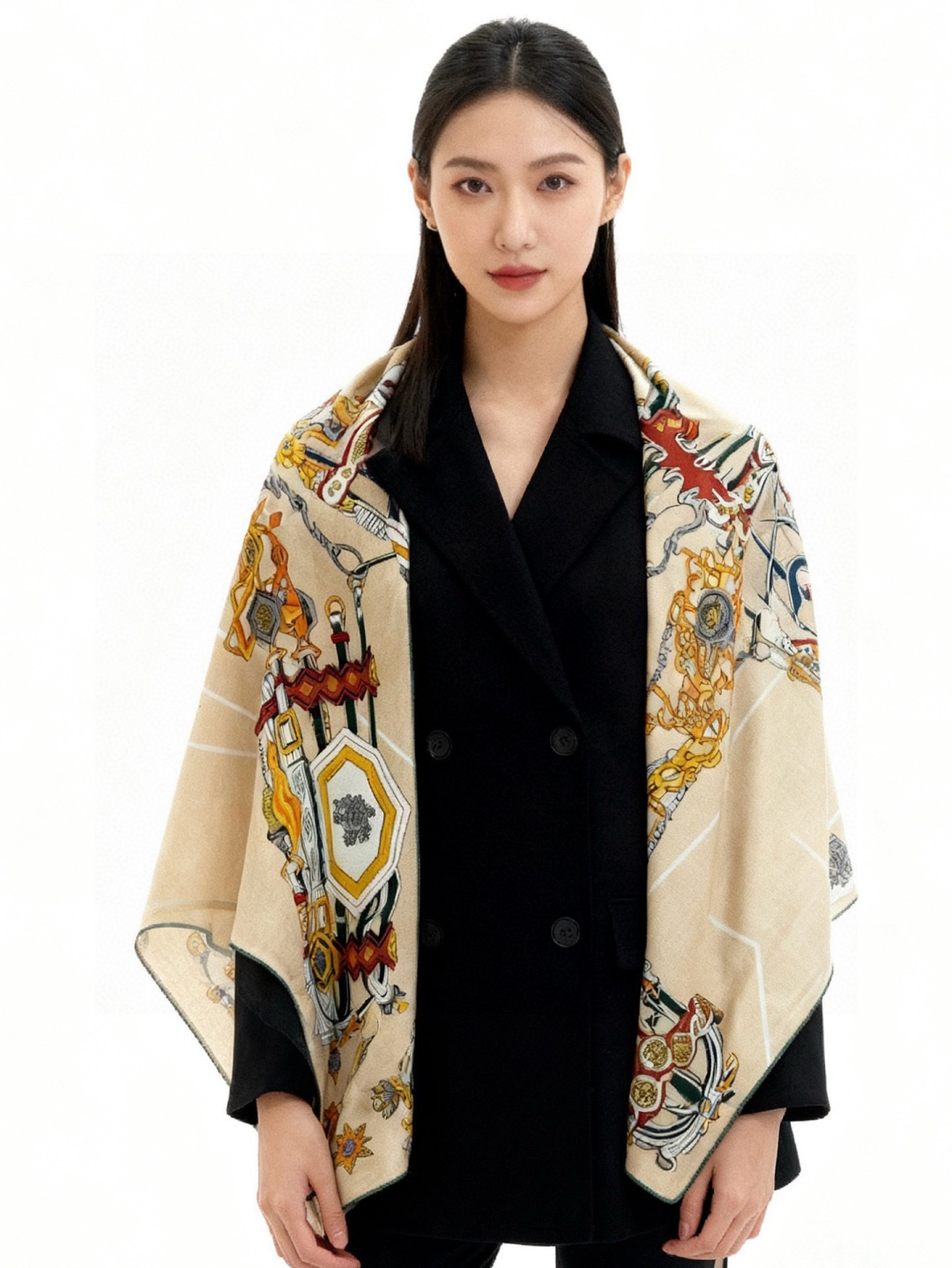 新款 秋冬搭配利器❗️顶级双面同色真丝羊绒披肩！！点睛精彩，图案和配色都超级喜欢，又一款双面配色工艺设计