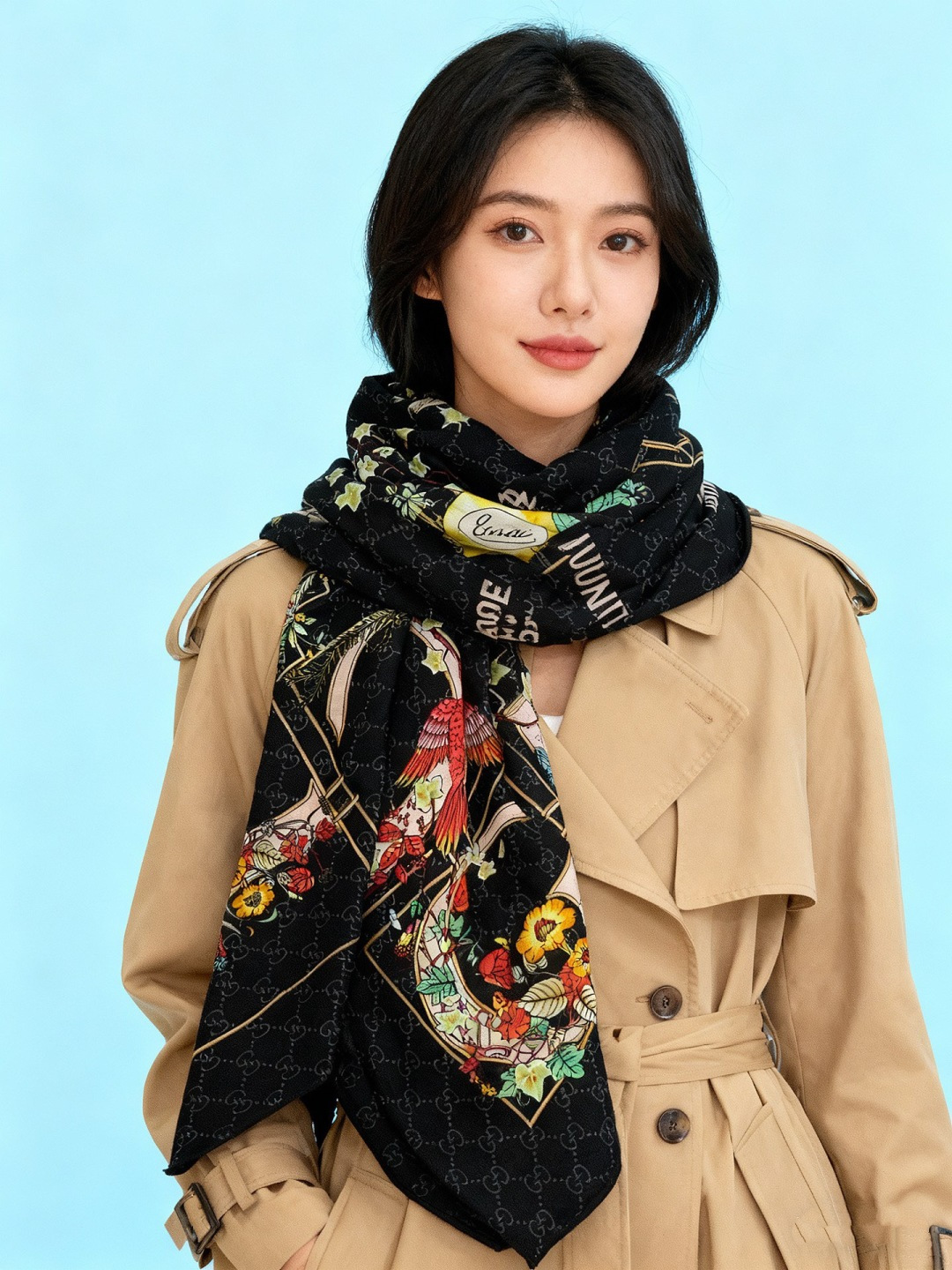 Gucci新款方巾 Gucci动物和花卉印花品牌典藏图案在与全新醒目印花的衬托下熠熠生辉。这款方巾匠心缀