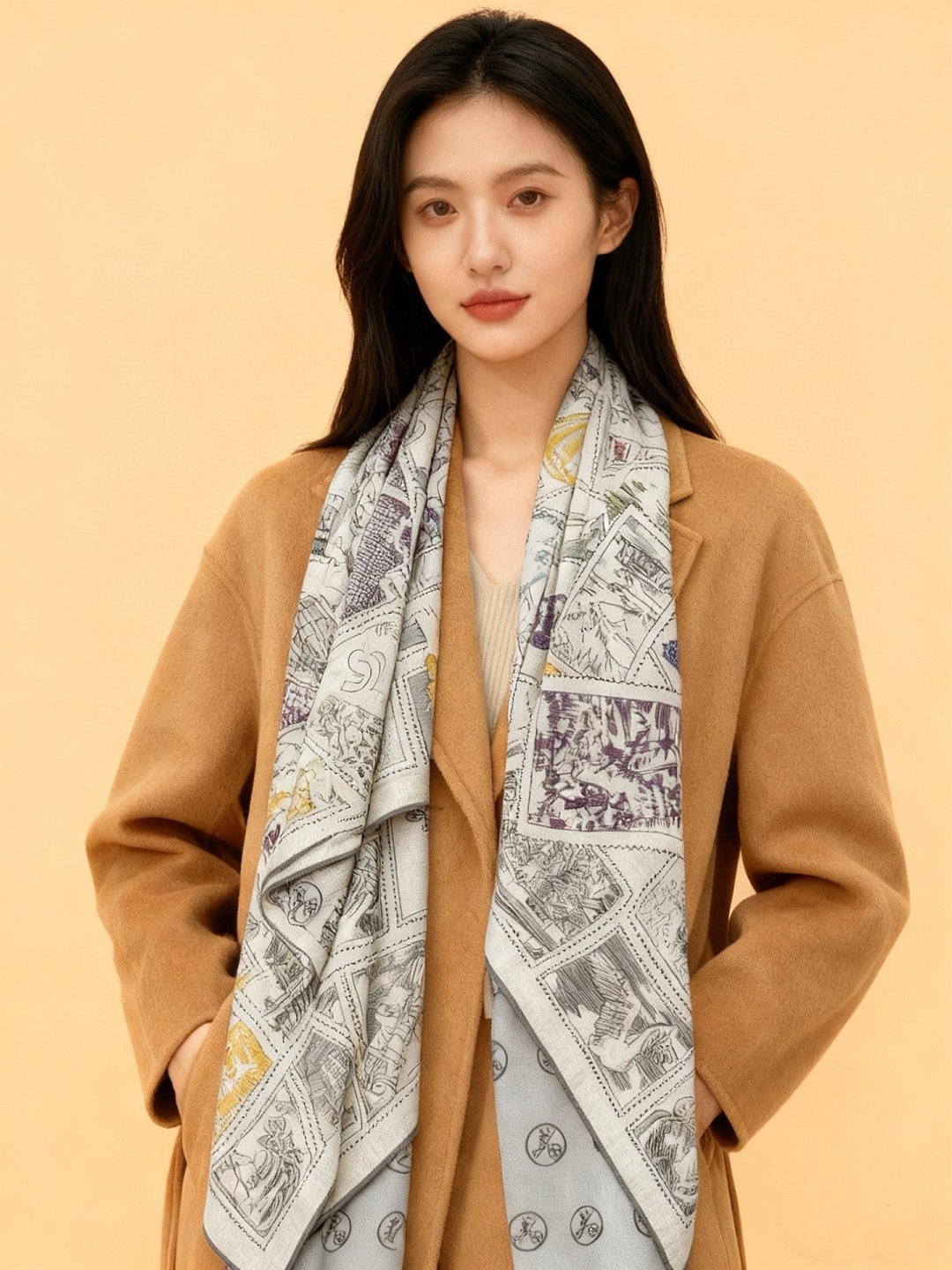 💟2025年秋冬抢先 上新💞【双面同色丝毛方巾】手工卷边山羊绒和真丝混纺披肩（70%山羊绒，30%桑蚕丝