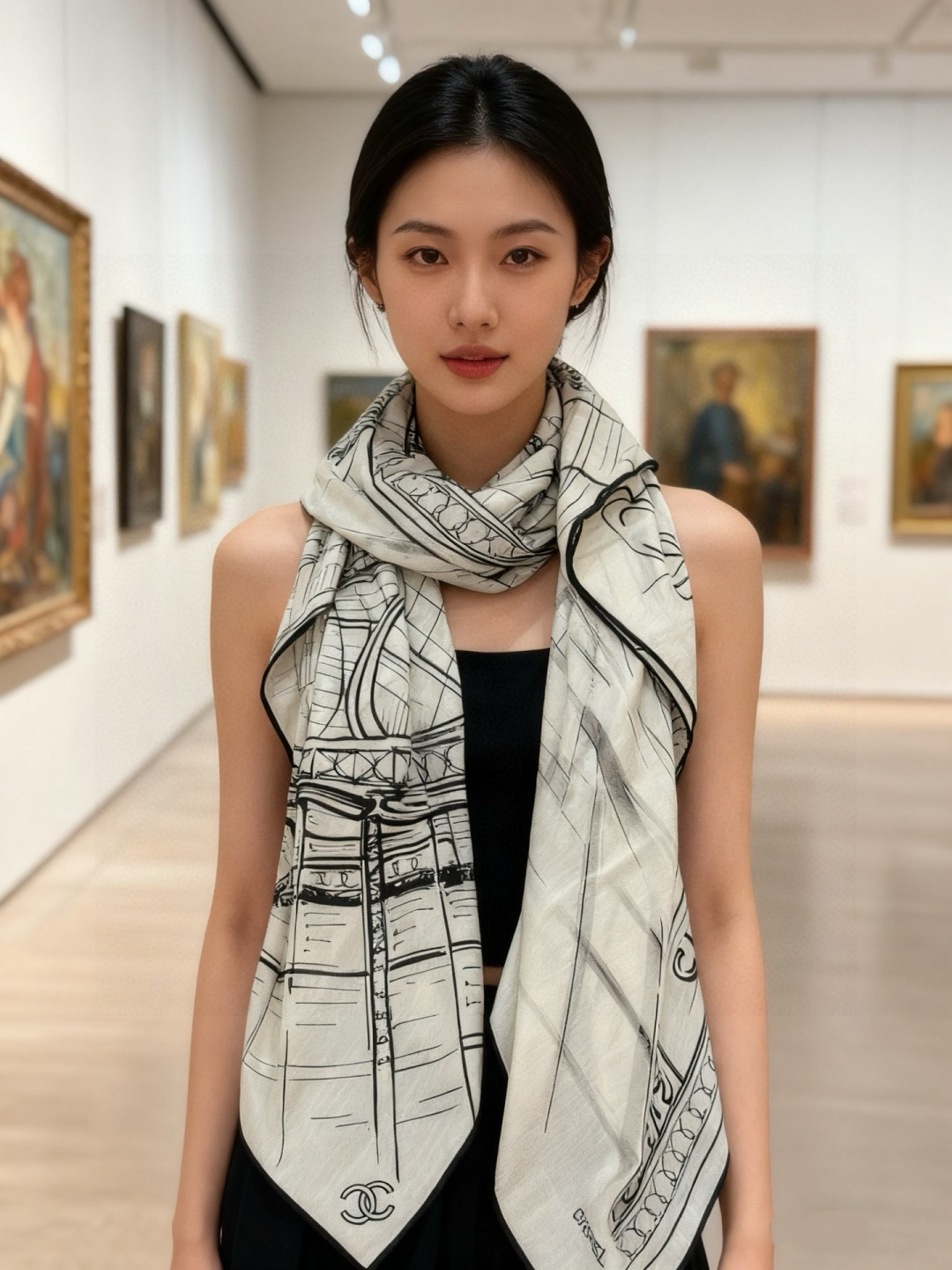 CHANEL ~25秋冬新品【140顶级丝绒双面同色】披肩的图案是巴黎大皇宫中被命名为“Gabriell