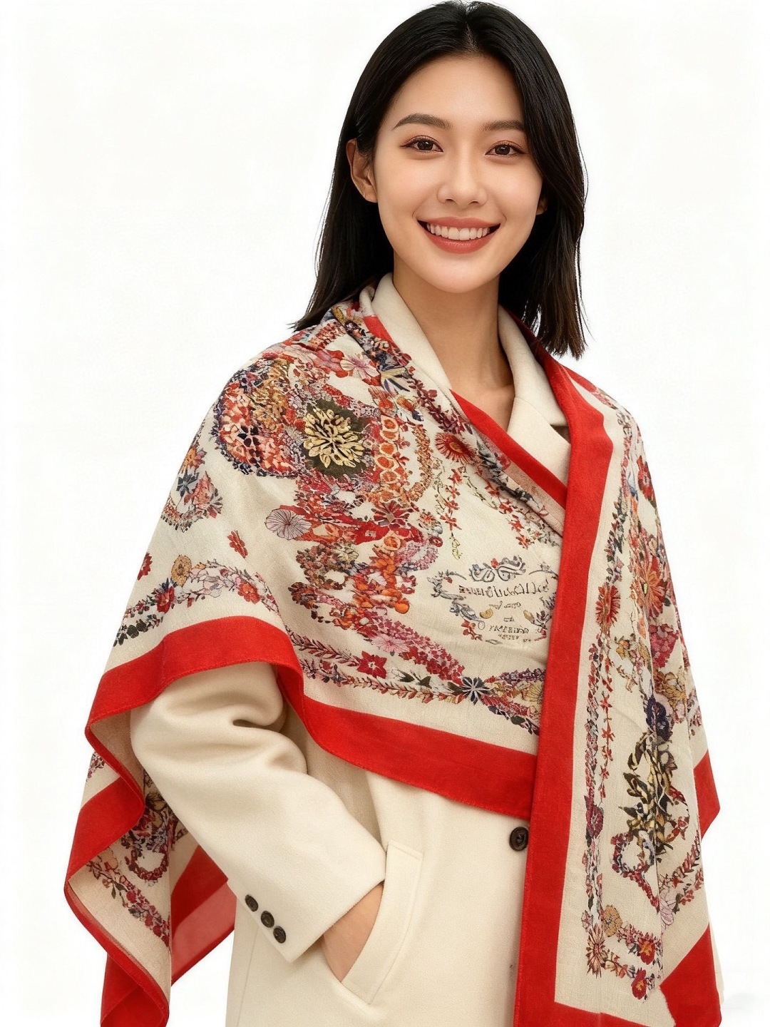 “华丽的缰辔花卉版”140丝绒方巾【140顶级丝绒双面同色披肩】手工卷边丝绒方巾（30%真丝70%羊绒）